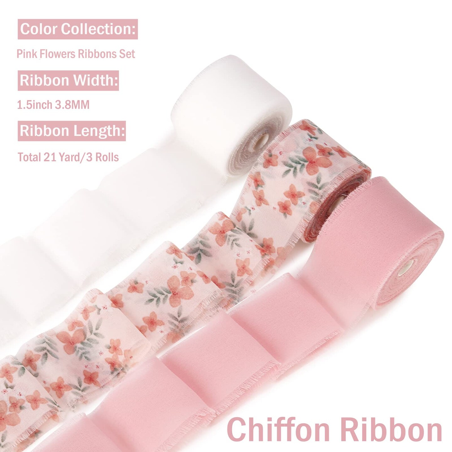 Dseason Handmade Fringe Floral Silk Chiffon Ribbons 1.5" x 7 Yards, 3 Rolls 21 Yards Pink Floral Ribbons Set for Wedding Invitations, Bridal Bouquets, Gifts Wrapping, DIY Crafts Decoration