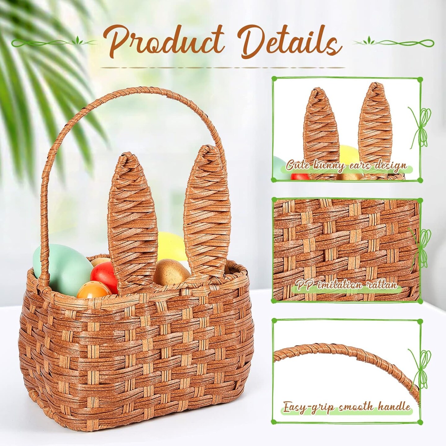 2 Pcs Easter Basket with Handle Bunny Easter Woven Picnic Basket for Kids with Cute Rabbit Ears Rattan Gift Wicker Wine Woven Empty for Candy Storage Toy Girl Party Supplies