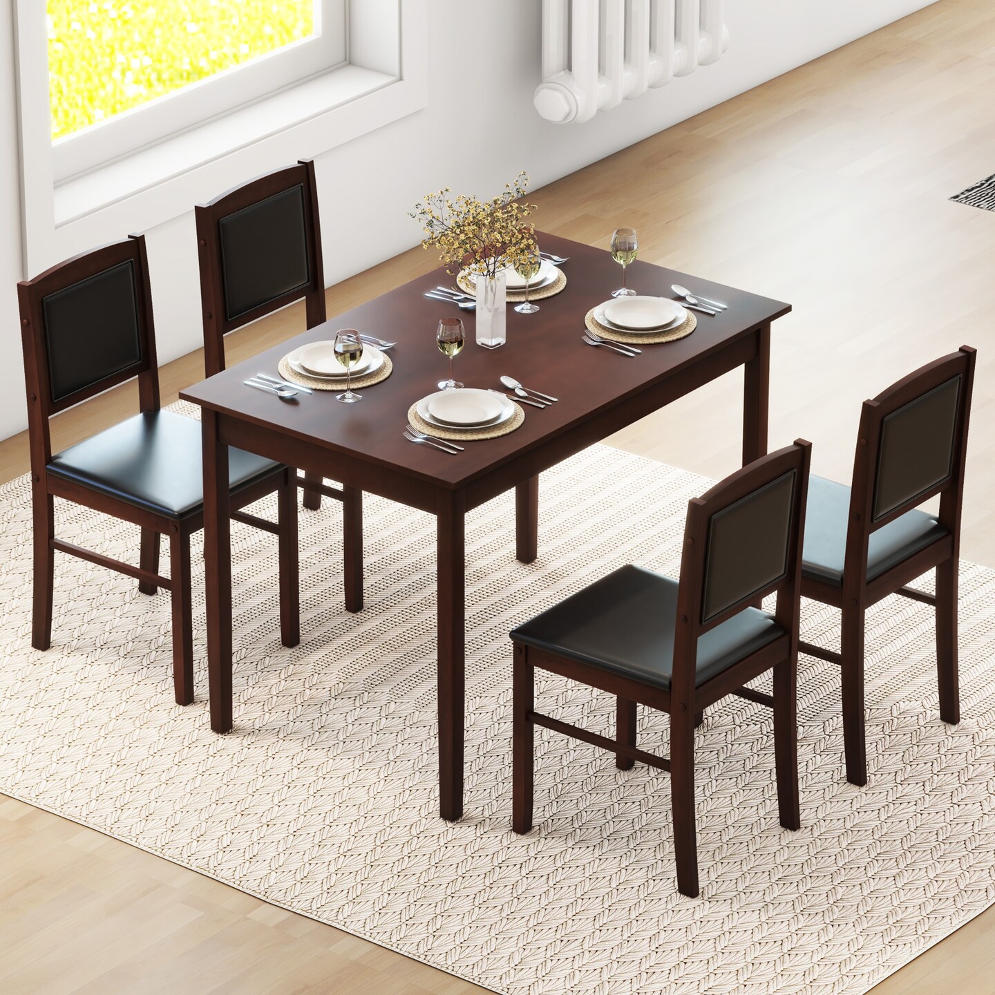 5-Piece Dining Set for 4 with Rubber Wood Legs, Compact Design for Small Dining Room