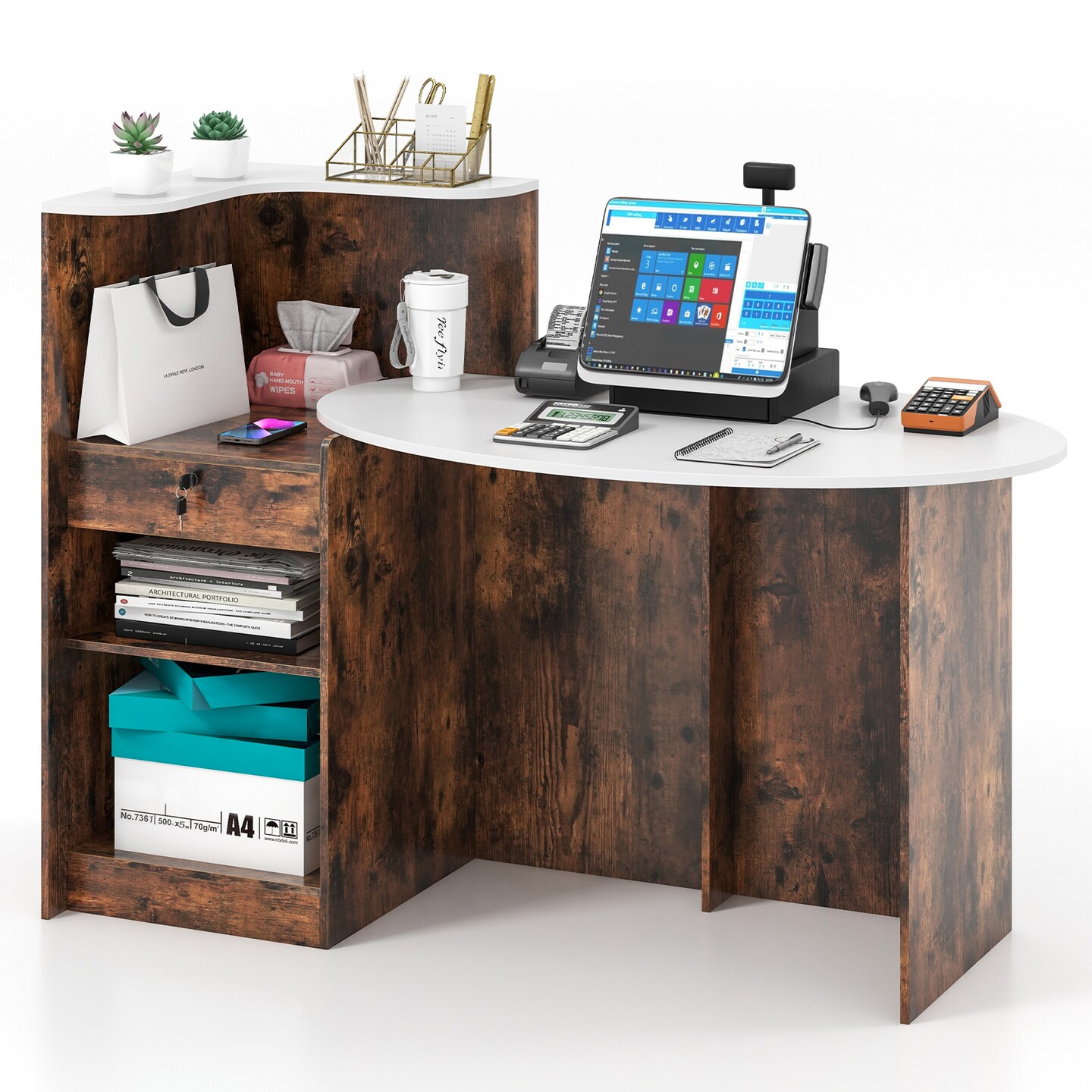 Rustic Brown Modern Reception Desk Front Counter Desk with Oval Tabletop and Lockable Storage Drawer
