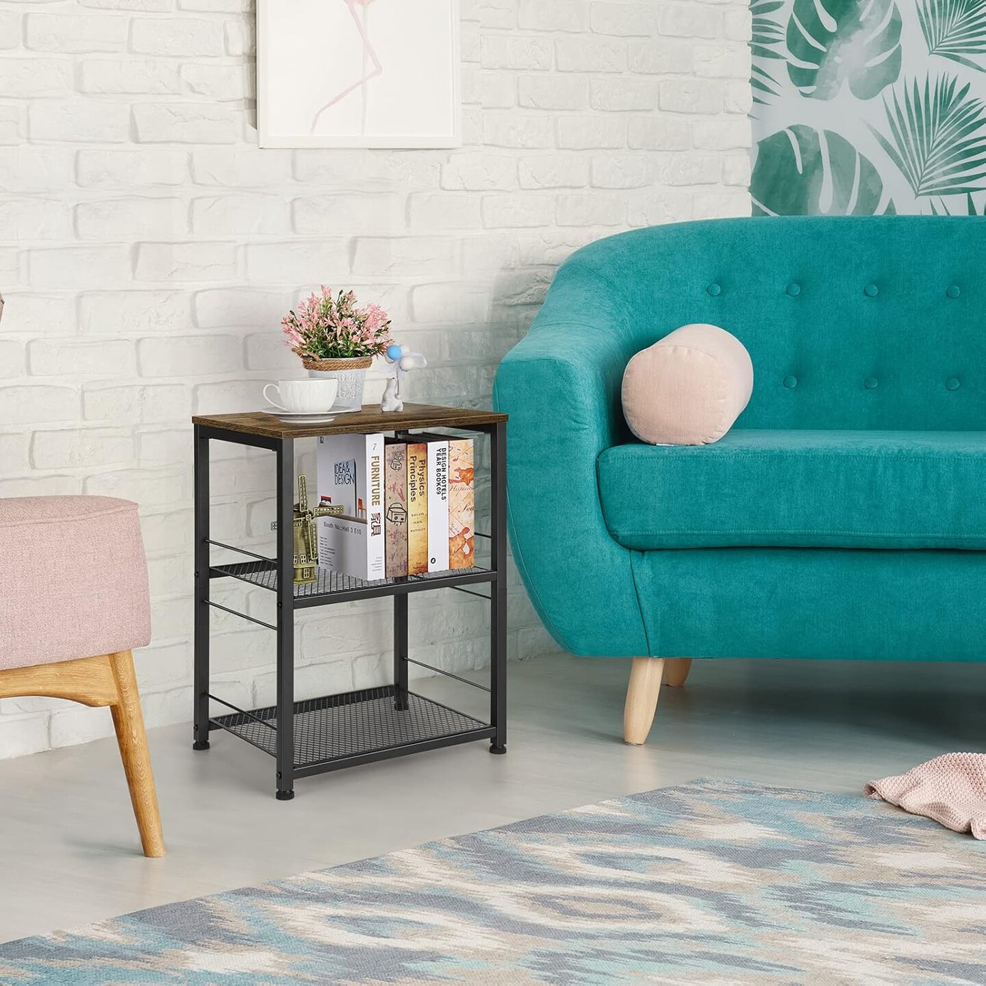 Side Table Small with Wheels Industrial Night Stand Storage Shelf 3 Tier Wood End Table with Metal Frame for Small Space Living Room Bedroom Kitchen Office