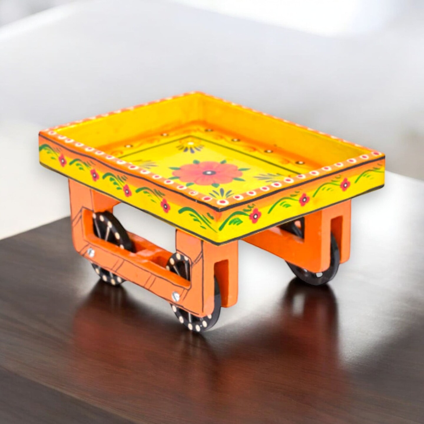 Wooden Trolley with Wheels Hand Painted Serving Tray Indian Decorative Platter for Snack Tea Home Kitchen Restaurant Table Decor Great Gift Idea