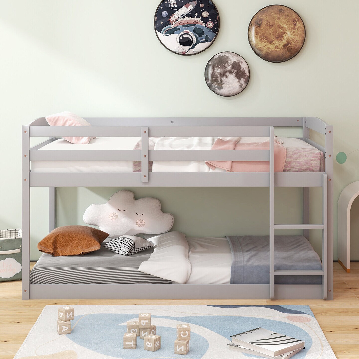 Metal Twin Size Bunk Bed with High Guardrails and Integrated Ladder for Safety and Easy Access