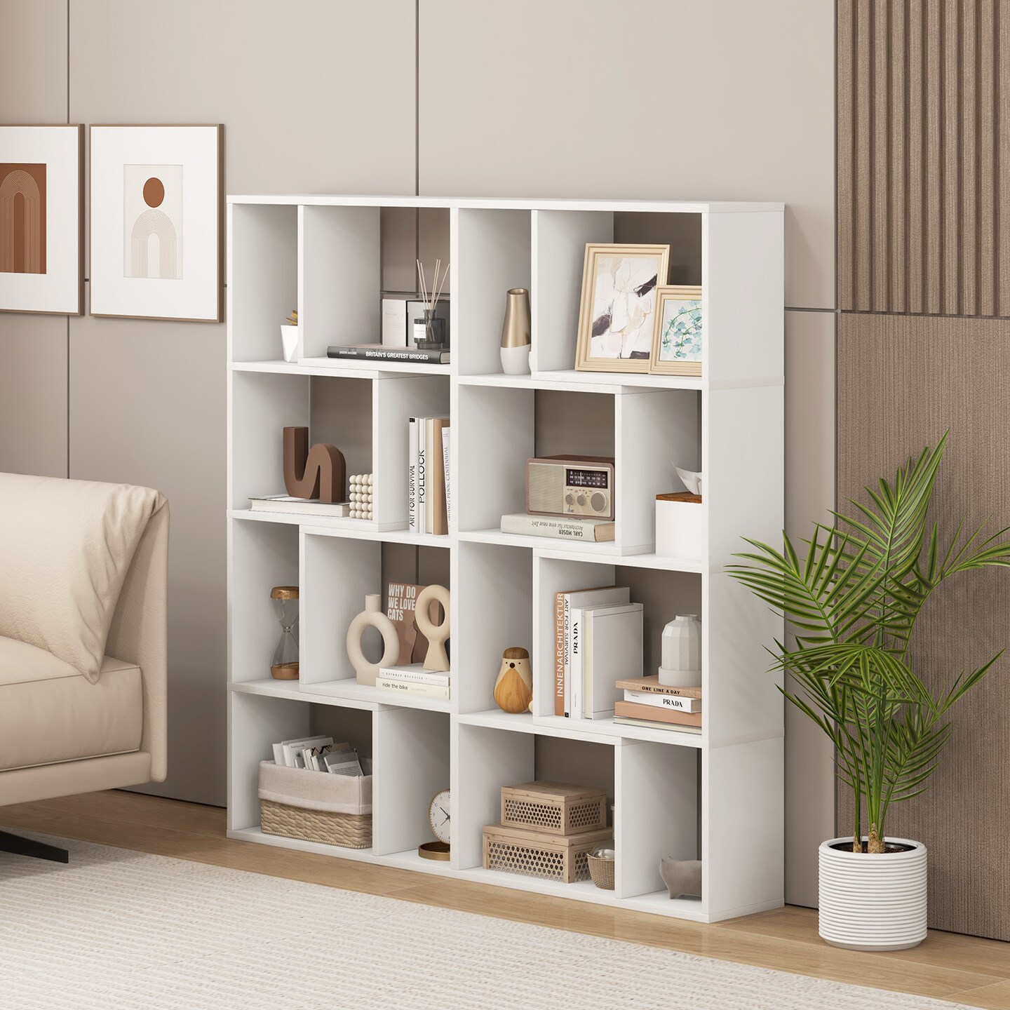 48 Inch 4-Tier Geometric Bookshelf with 8 Cubes for Living Room Bedroom