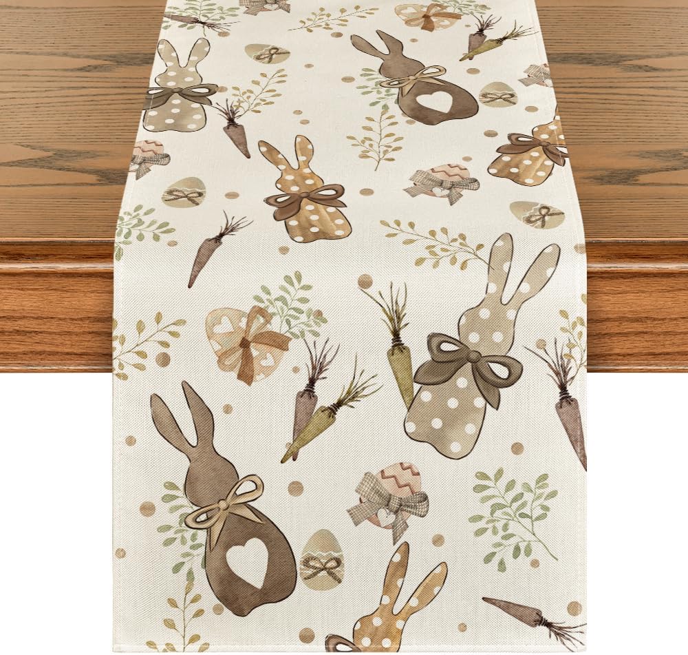Bunny Rabbit Eucalyptus Eggs Carrots Easter Table Runner, Seasonal Spring Kitchen Dining Table