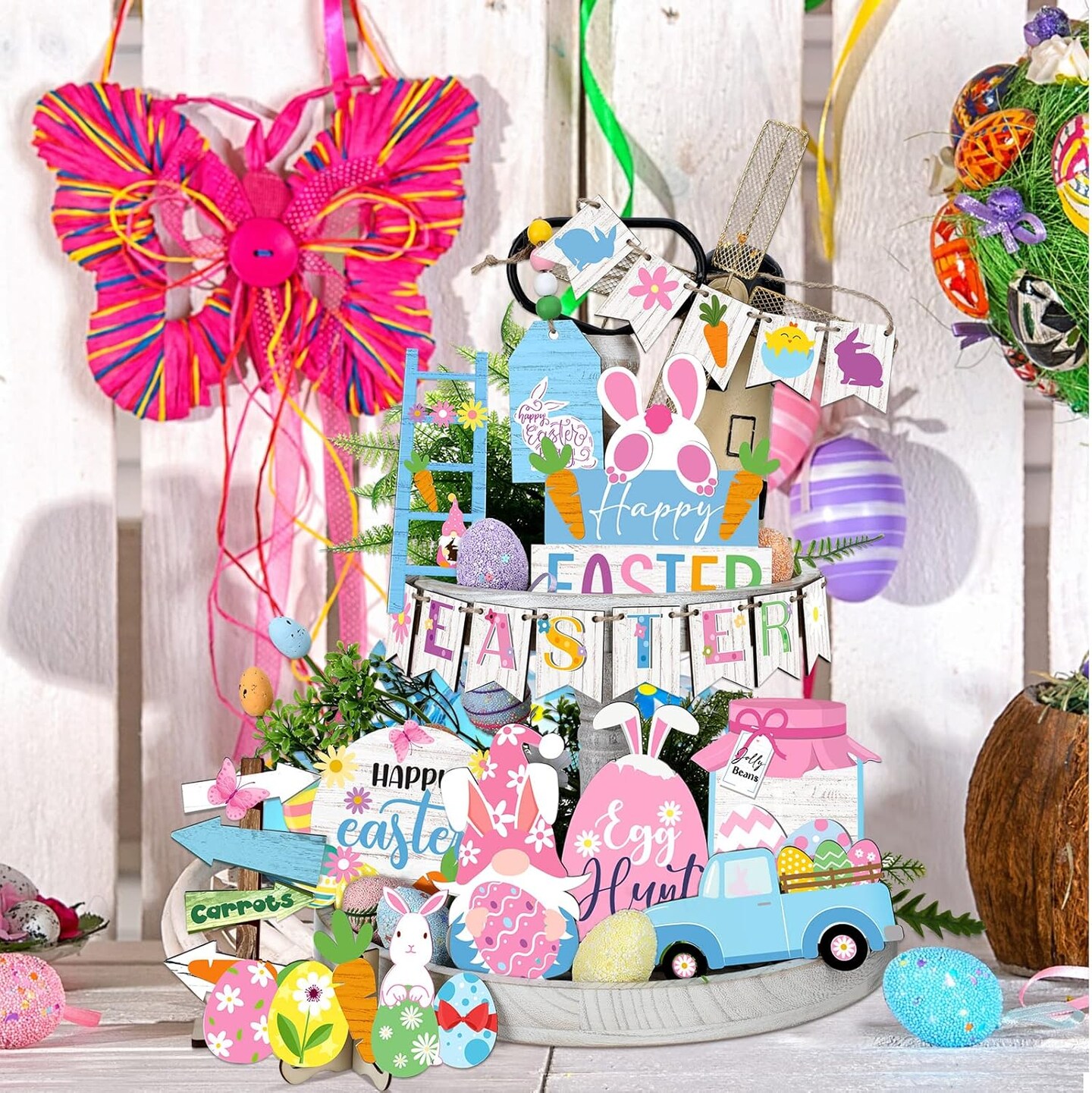 Easter Tiered Tray Decor Happy Easter Tiered Tray Ornament Rustic Farmhouse Spring Sign Bunny Truck Gnome Egg Wooden Sign