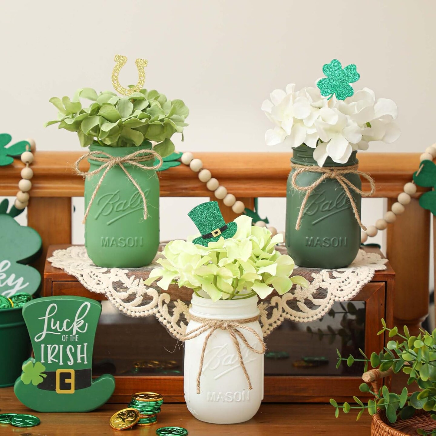 St Patrick Decorations, Green Mason Jar Centerpiece for Table with Wood Tray &#x26; Flowers Set of 3