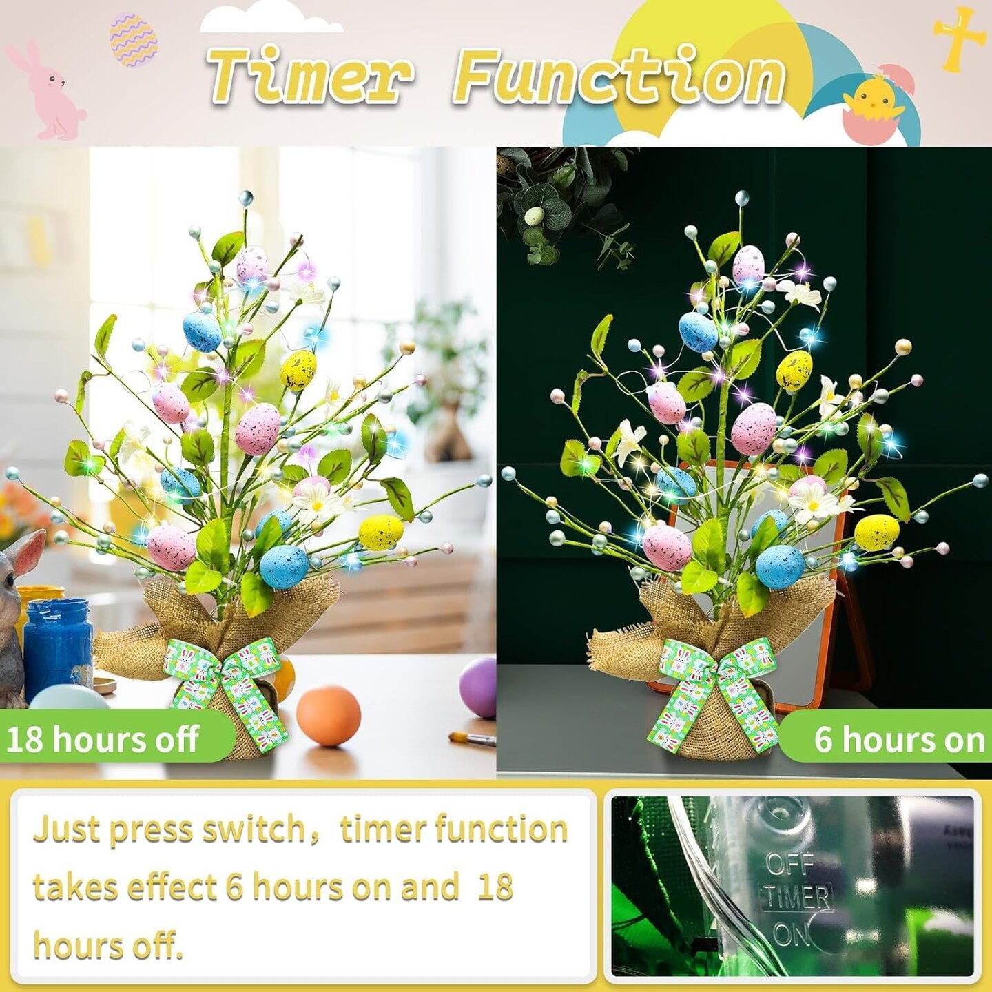 Lighted Easter Decorations 20'' Easter Egg Tree for Tabletop Decor, Timer Easter Tree Ornaments, Easter Artificial Tree for Centerpiece Table Indoor Outdoor Spring Home Decorations