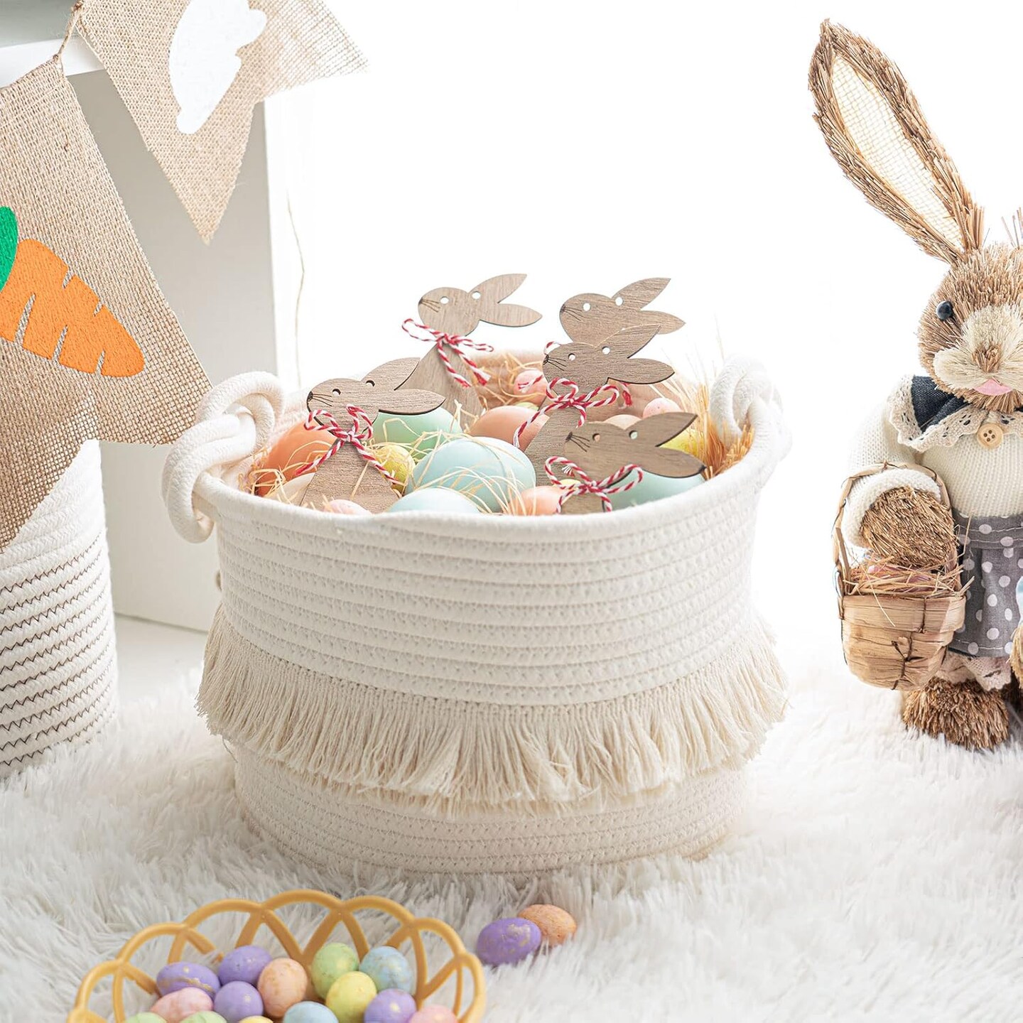 Small Woven Storage Baskets Cotton Rope Decorative Hamper for Diaper, Blankets, Magazine and Keys, Cute Tassel Nursery Decor - Home Storage Container – 9.5'' x 7'' Off-white