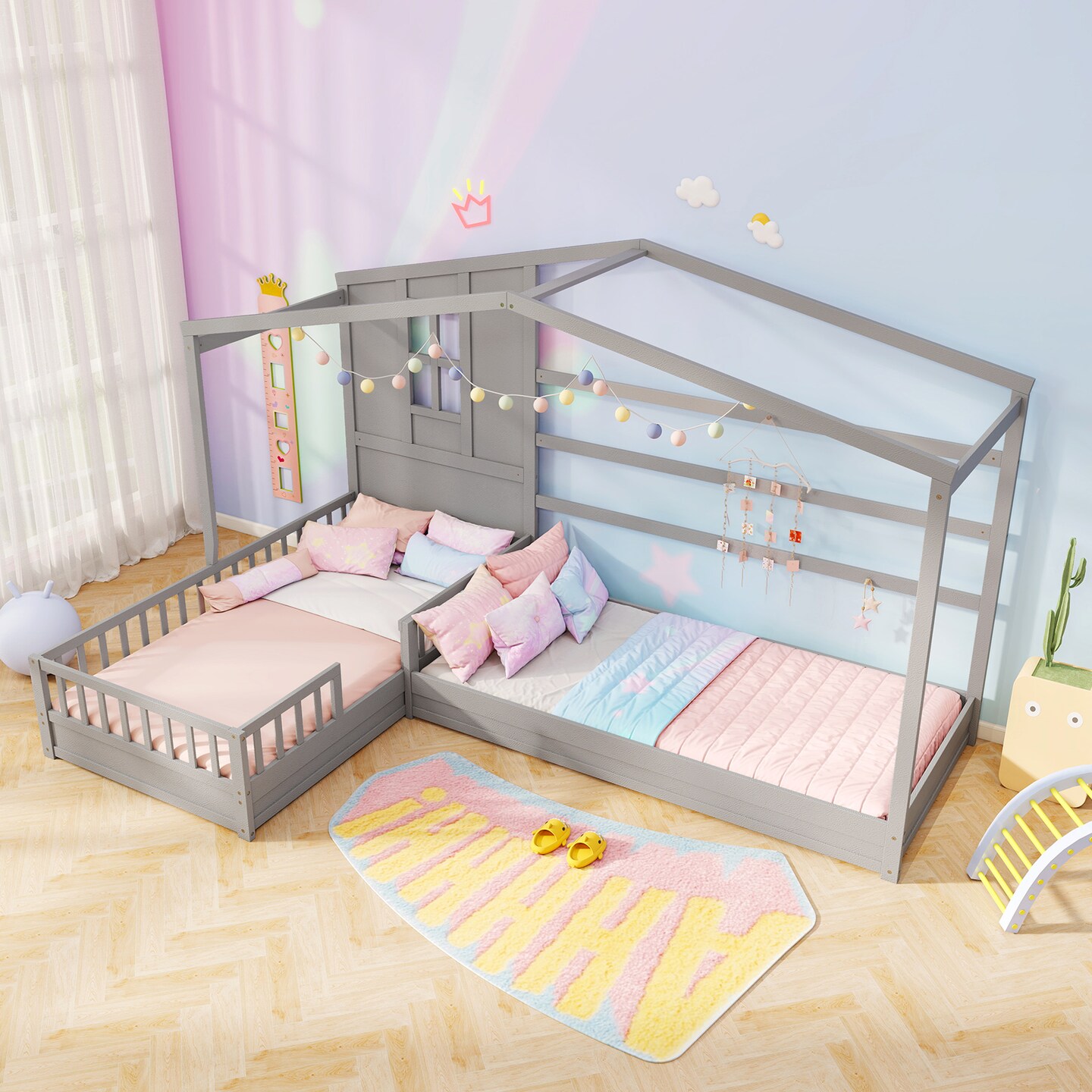 L-shaped Corner Twin House Bed with Guardrails, Creative Roof Design, Solid Wood Frame, and Easy Access