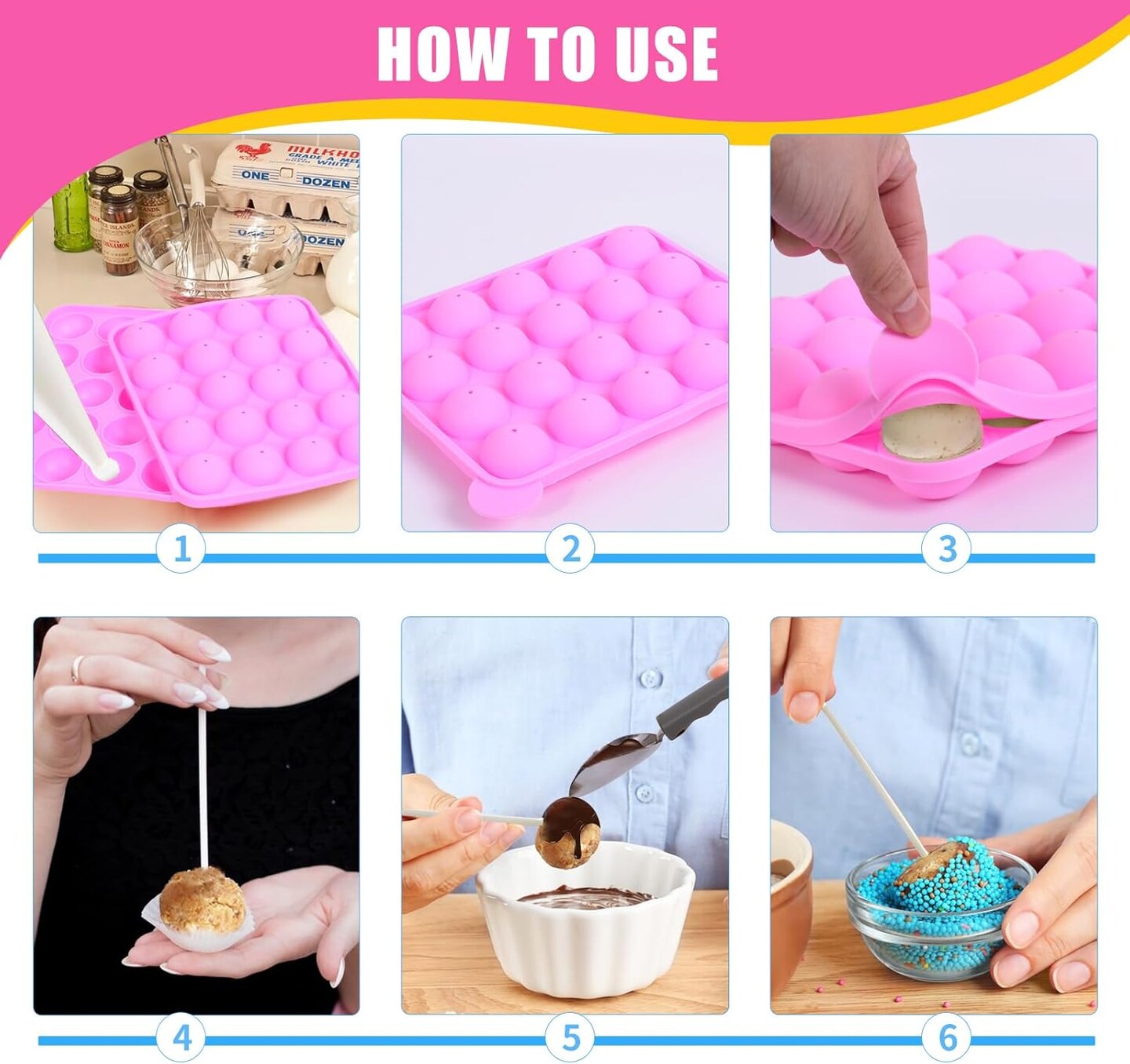 Cake Pop Maker Kit Including Silicone Cake Pop Mold, 6 inch Lollipop Sticks and Wrappers