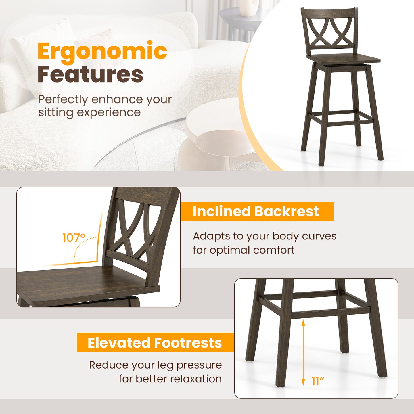 24/29 Inch Bar Stool Set of 2 Wooden Bar Chairs with Rubber Wood Frame, Adjustable Height, Modern Design