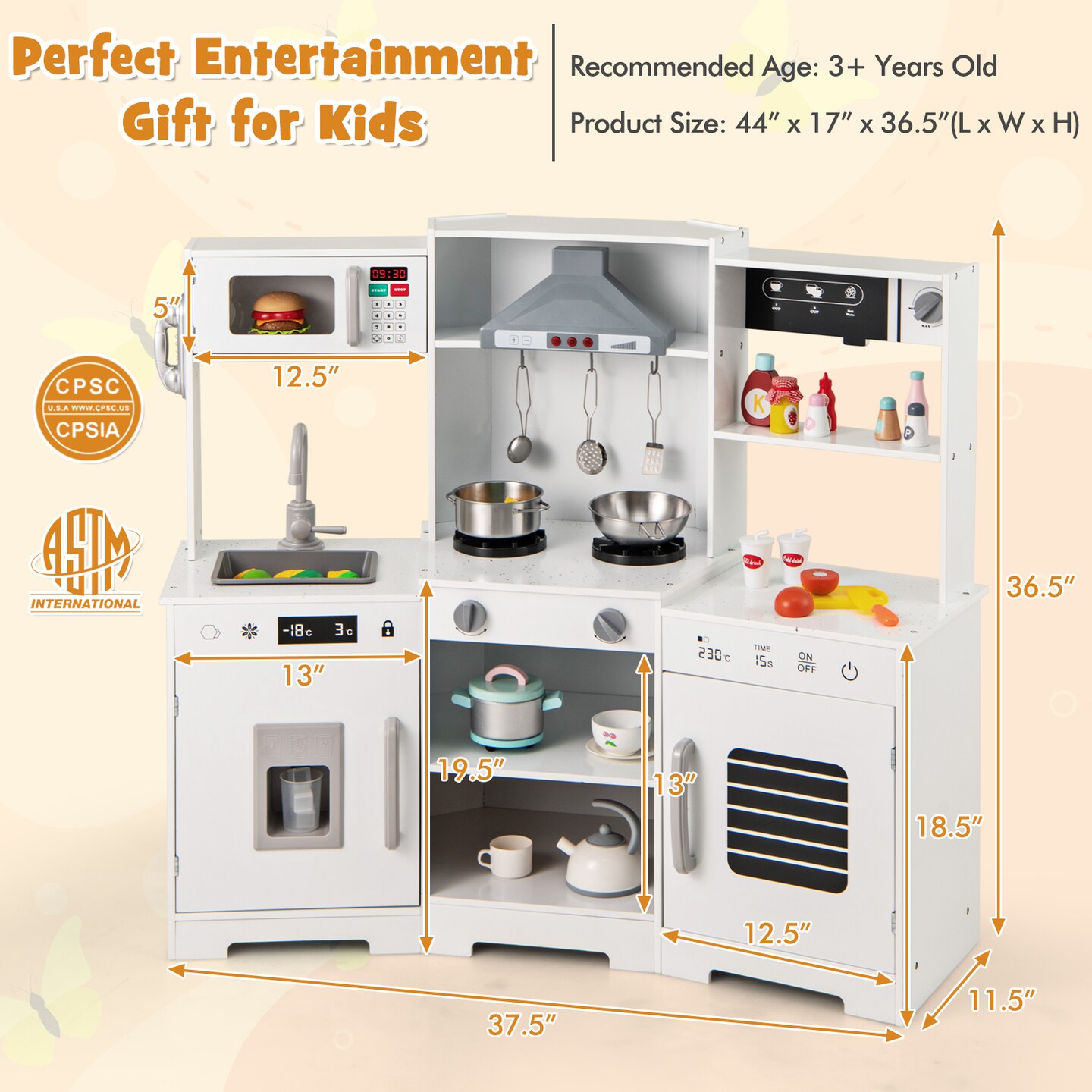 Wooden Pretend Play Kitchen Toy Set with Range Hood, Real Sounds &#x26; Lights, Interactive Kitchen Playset for Kids