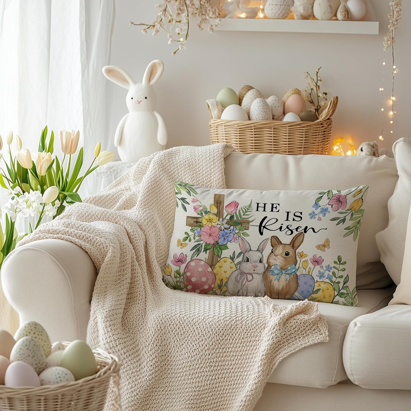 Easter Pillow Cover 12x20 Inch Cross Bunny Eggs Floral Decorative Pillow Case