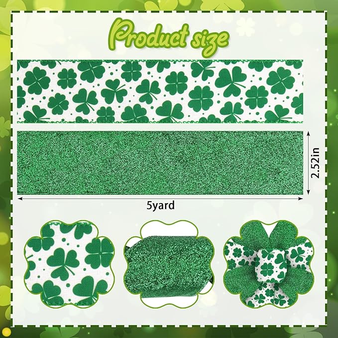 2 Rolls 2.5&#x22; &#xD7; 5 Yd St. Patrick&#x27;s Day Ribbon Irish Shamrock Wired Ribbon Glitter Green Ribbon for St. Patrick&#x27;s Wreath DIY Crafting Gifts Wrapping St. Patrick&#x27;s Party Decoration