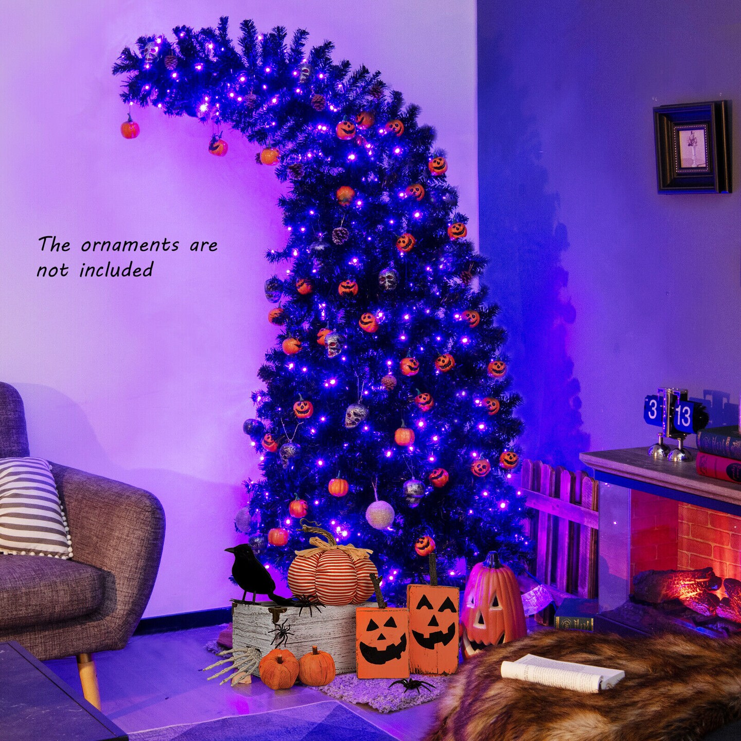 7 Feet Pre-Lit Black Halloween Tree with 400 LED Lights 1050 Tips Hinged Branches and Metal Base