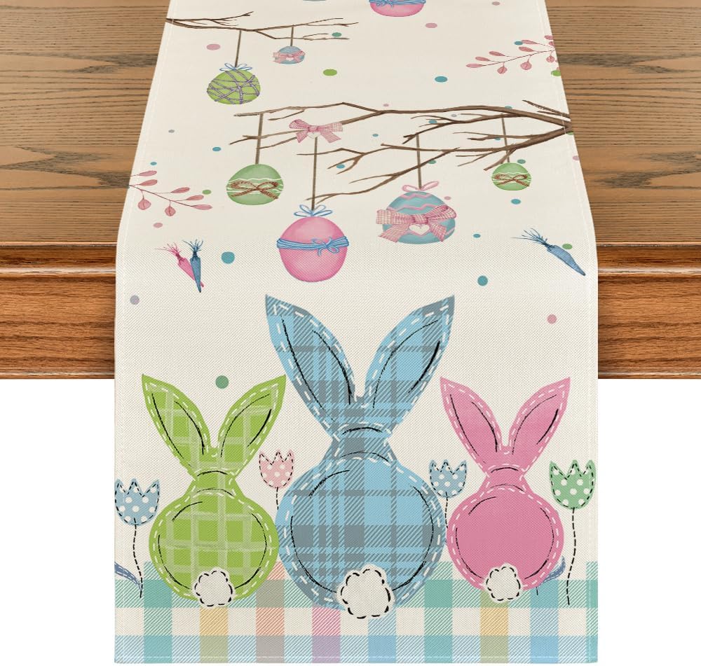 Buffalo Plaid Bunny Egg Carrot Easter Table Runner, Seasonal Spring Kitchen Dining Table