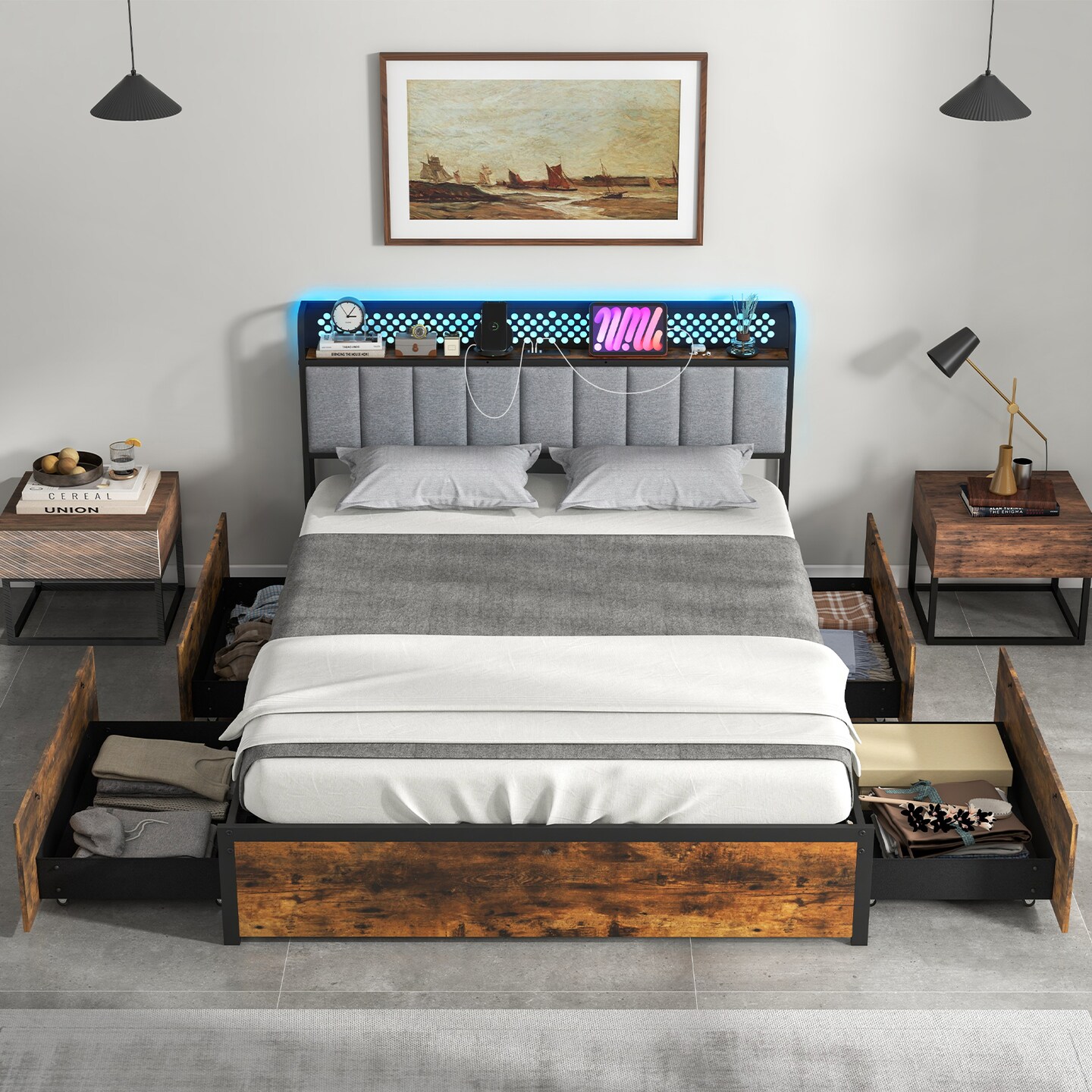 Twin/Full/Queen Bed Frame with LED Lights Upholstered Headboard and 4 Storage Drawers-Twin size