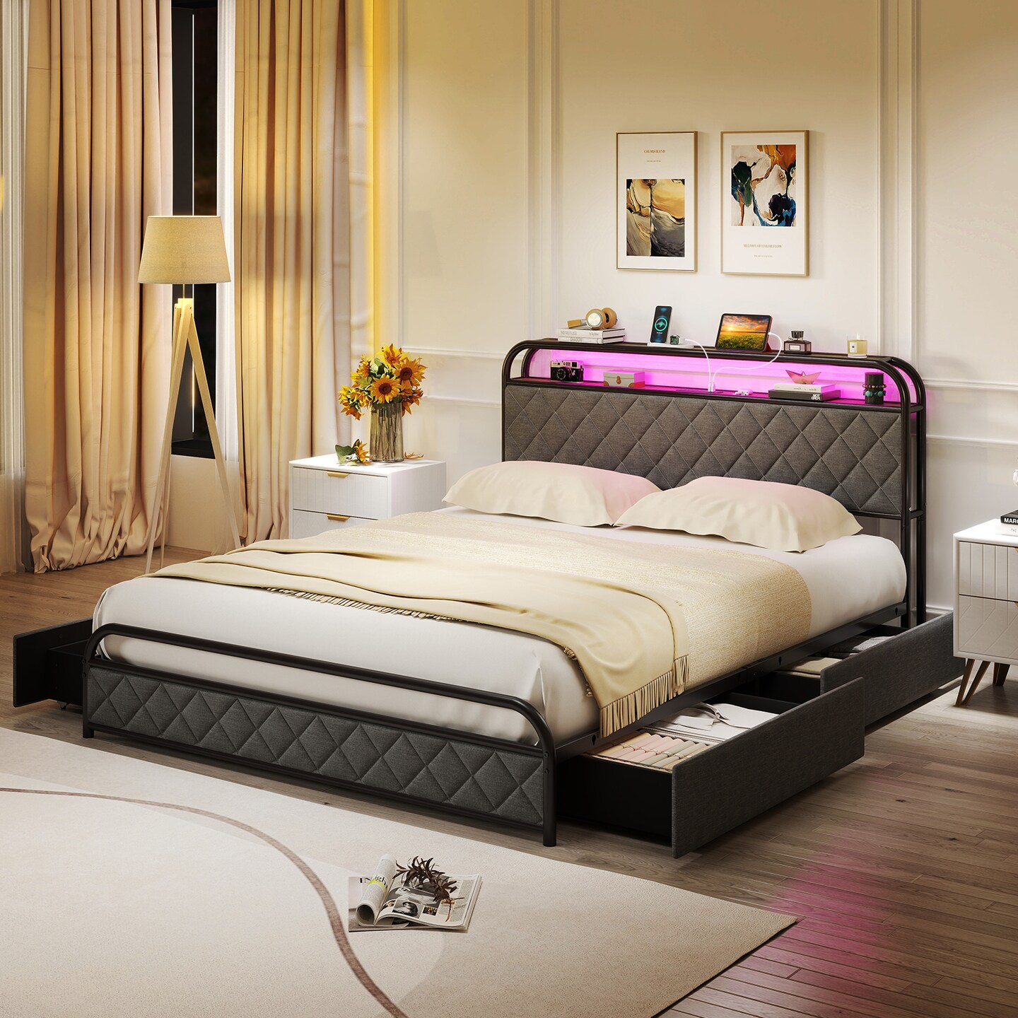 Twin/Full/Queen Size Bed Frame with LED Lights and Charging Station-Twin Size
