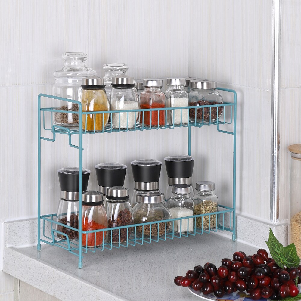 Blue 2-Tier Spice Rack for Countertop, Kitchen Storage Organizer Shelf Counter Shelf Under Sink Cabinet Organizer for Kitchen Bathroom Office