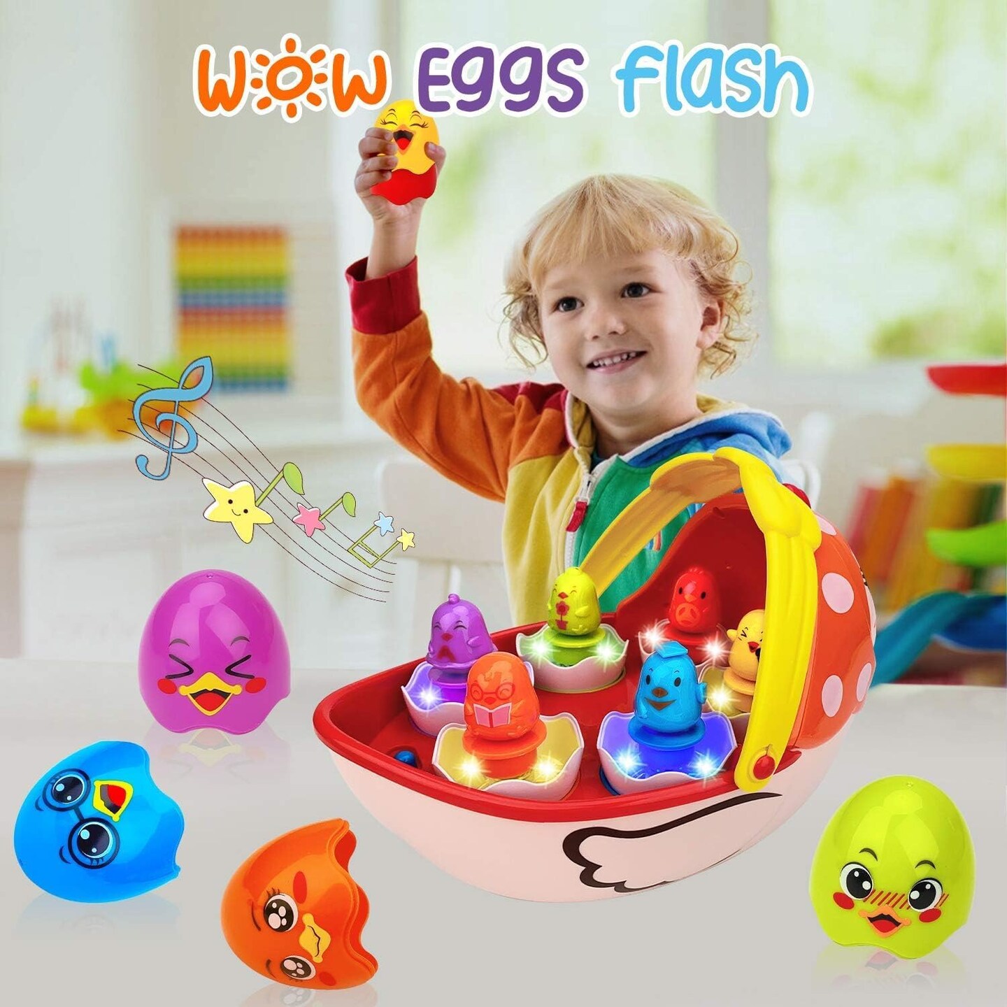 Easter Egg Toys Gift for Toddlers, Easter Basket Stuffers for Kids with Lights Music, Plastic Easter Eggs Filled with Toys