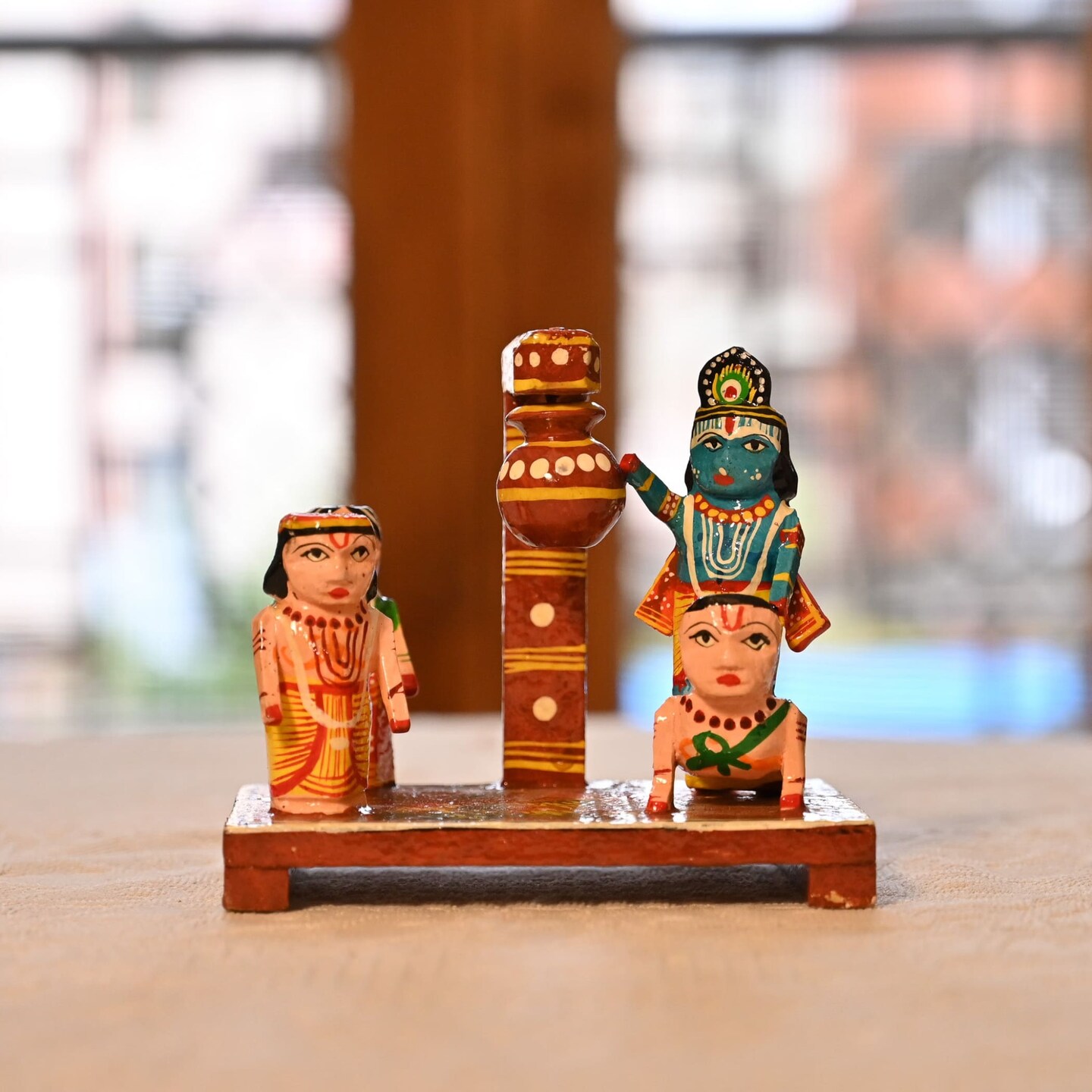 Wooden Krishna Makhan Chor Leela for Janmashtmi Golu Decoration Handpainted Kondapalli Krishna Set Show-piece for Home Temple Shelf Display Table Decor Gifting Item
