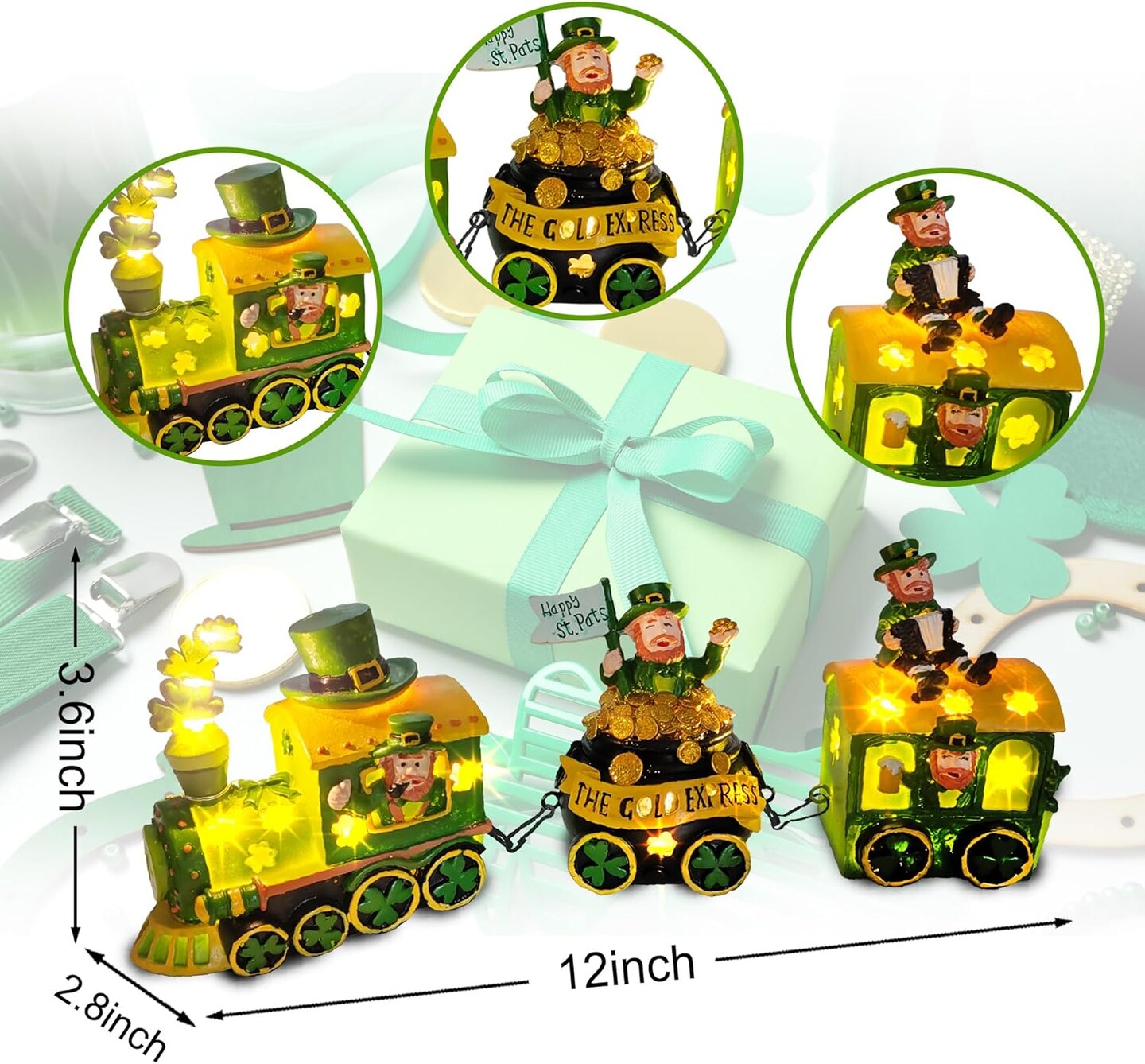 St Patricks Day Decorations Train, Lighted Saint Patrick Decor for Tabletop, Leprechaun Lighted Centerpieces Table, Ireland Decorations for Home Outdoor Party Decorations Figurines Green