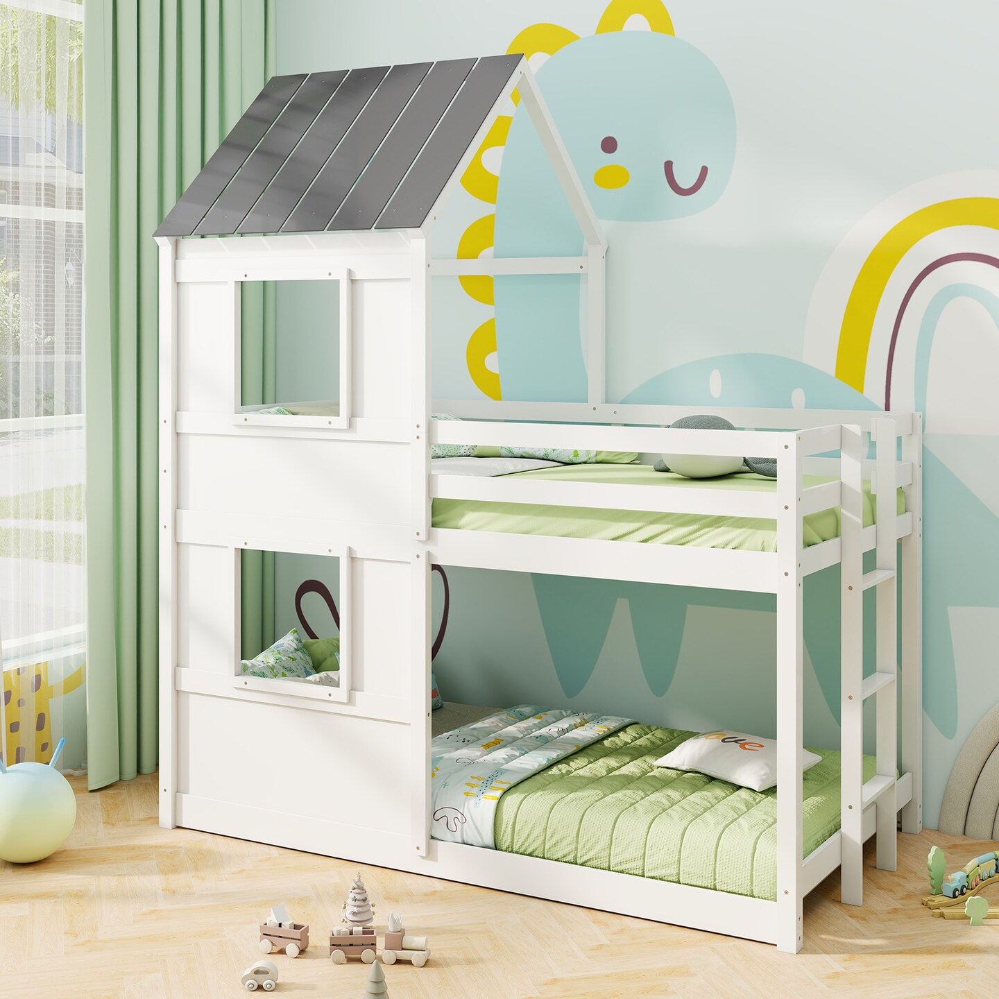Wooden  Twin Over Twin Bunk Bed with Full-length Safety Guardrail and Ladder-White and Gray