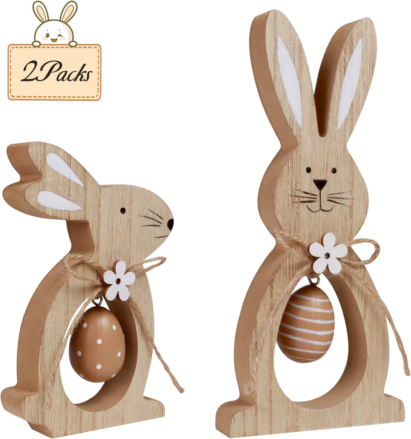 2Pcs Easter Decorations for the Home Farmhouse Rustic Wooden Bunny with Egg Easter