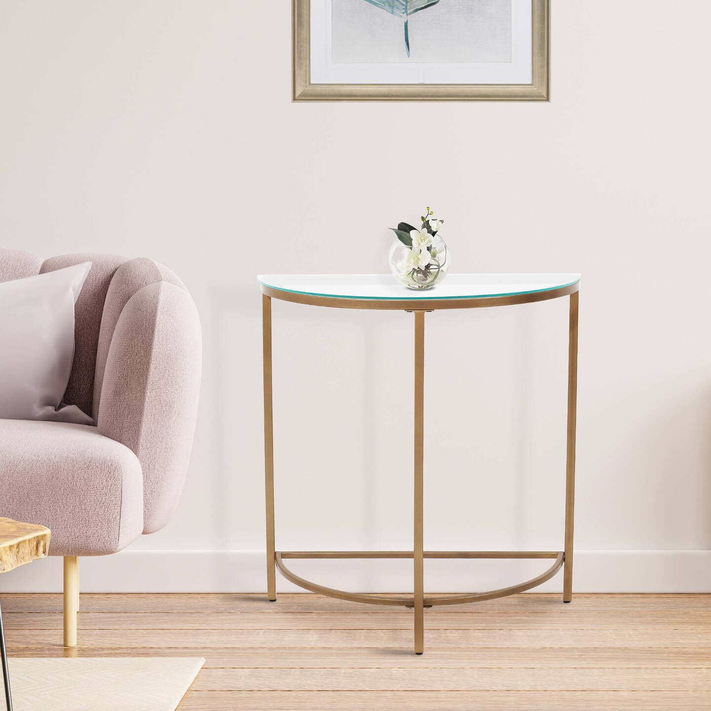 D-Shaped Console Table with Glass Top and Golden Base | Elegant &#x26; Modern Entryway Table | Sturdy Metal Frame | Space-Saving Design | Perfect for Living Room, Hallway, Office &#x26; Home D&#xE9;cor