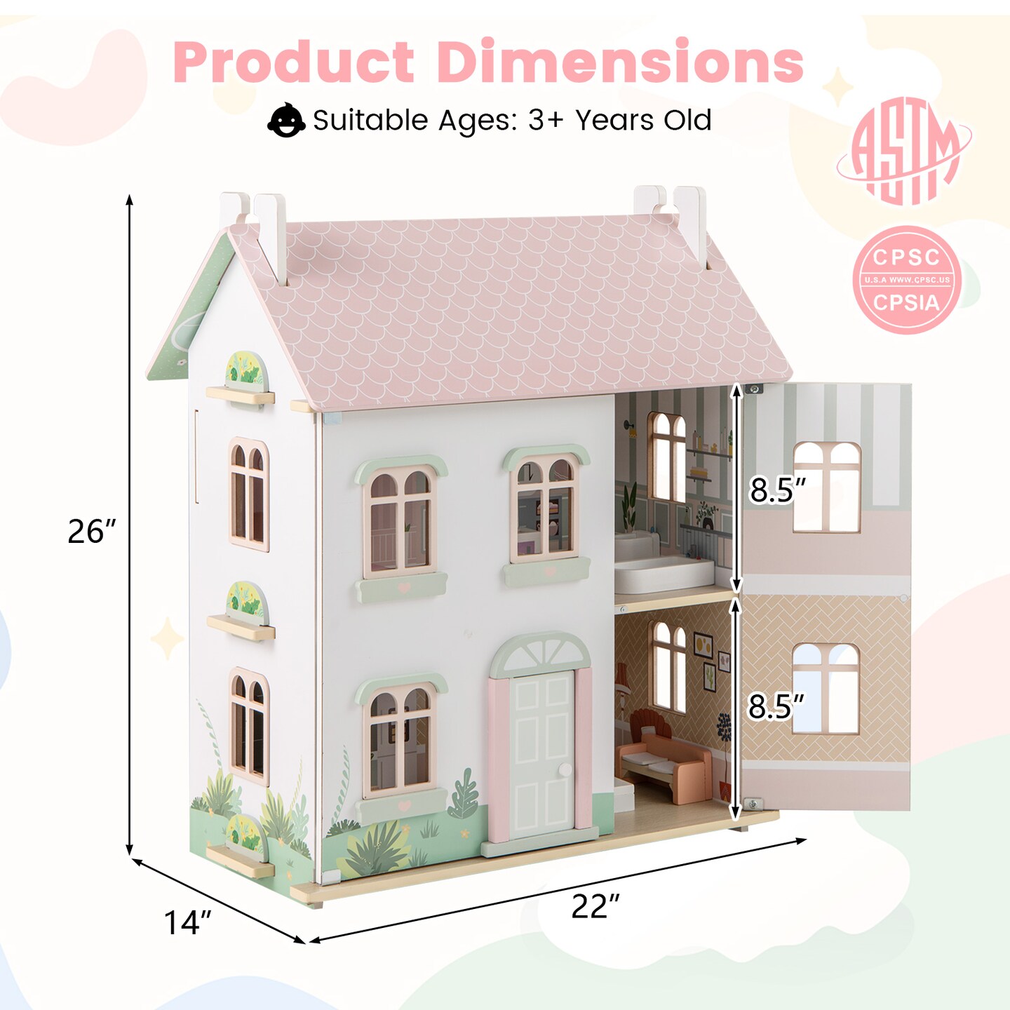 Kids Wooden Dollhouse 3 Level with Double-Sided Roofs and Doors-Pink