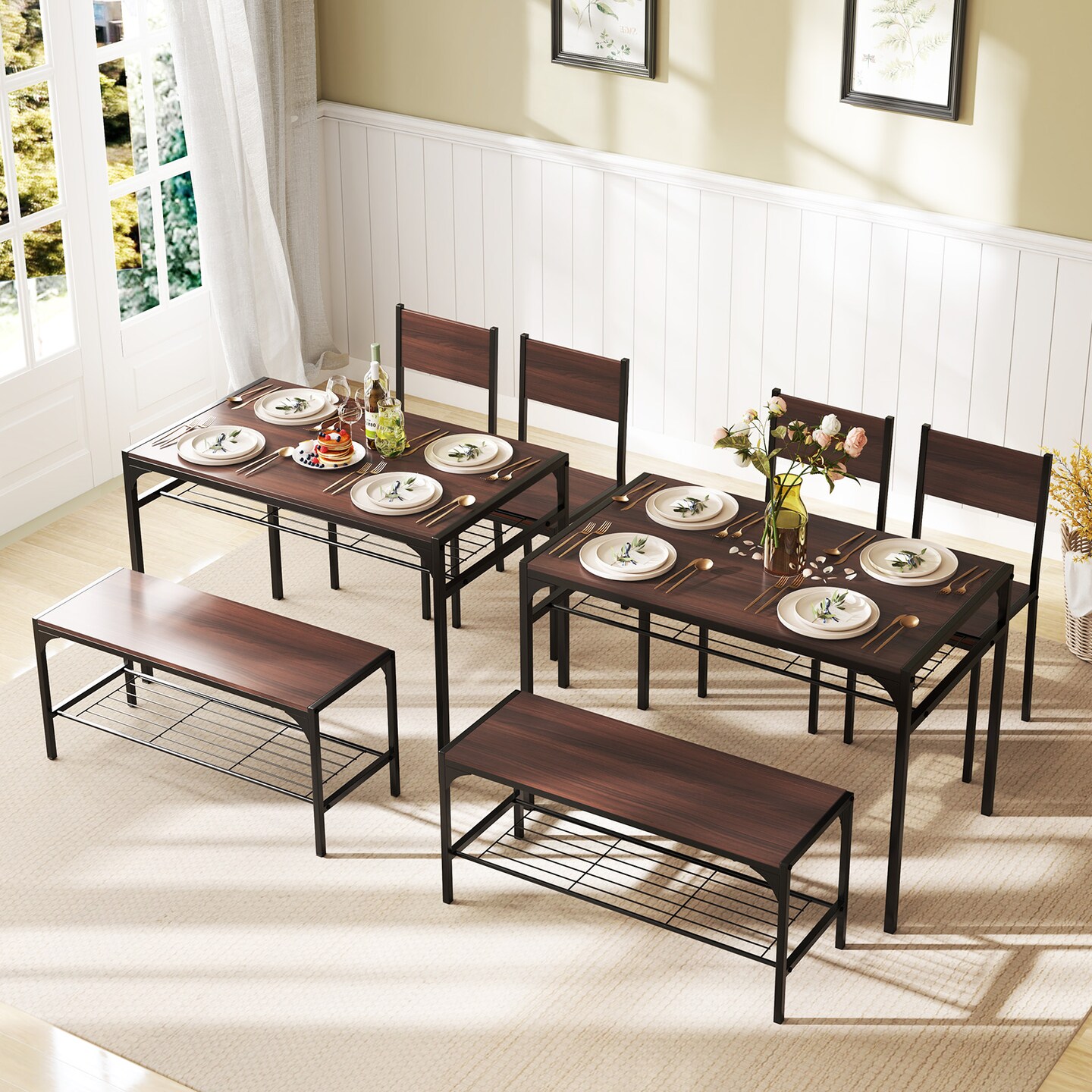 Wood Industrial Rectangular Dining Table with Bench and Metal Chairs
