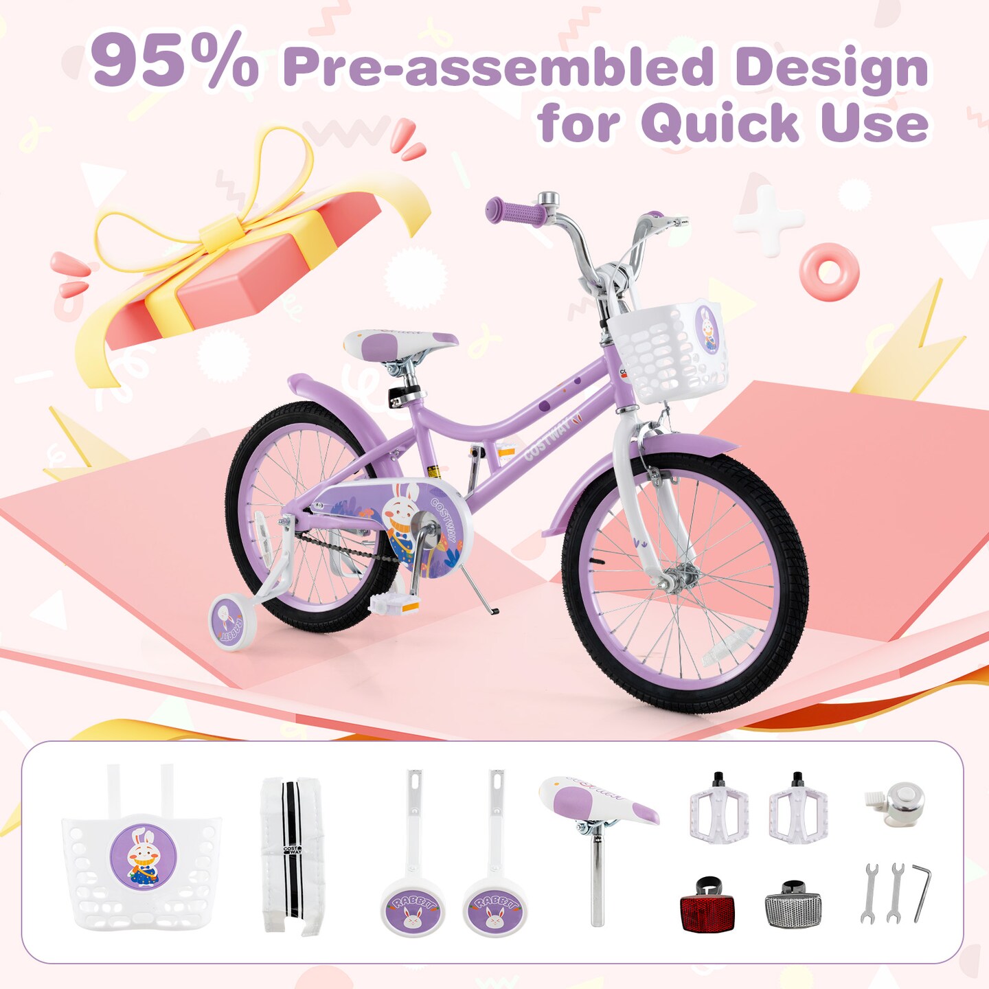 18 Inch Pink Girl Bike with Basket, Detachable Training Wheels for Kids 4-8 Years Old