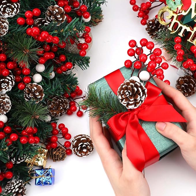 115Pcs Christmas Pine Cones Berry Pine Branch Set White Christmas Decorations for DIY Crafts Home Xmas Tree Gift Party Supplies, Assorted Sizes