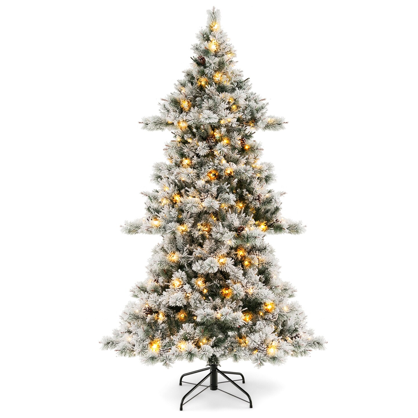Costway 7 FT Flocked Christmas Tree Hinged Xmas Decoration with 420 LED Lights &#x26; 1057 Tips
