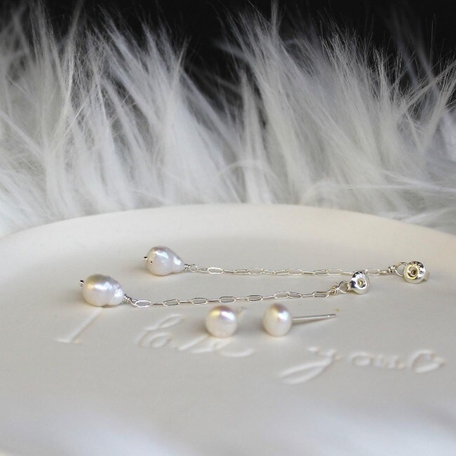 Two Way Natural Tiny Baroque Freshwater Pearl Drop earrings, Front