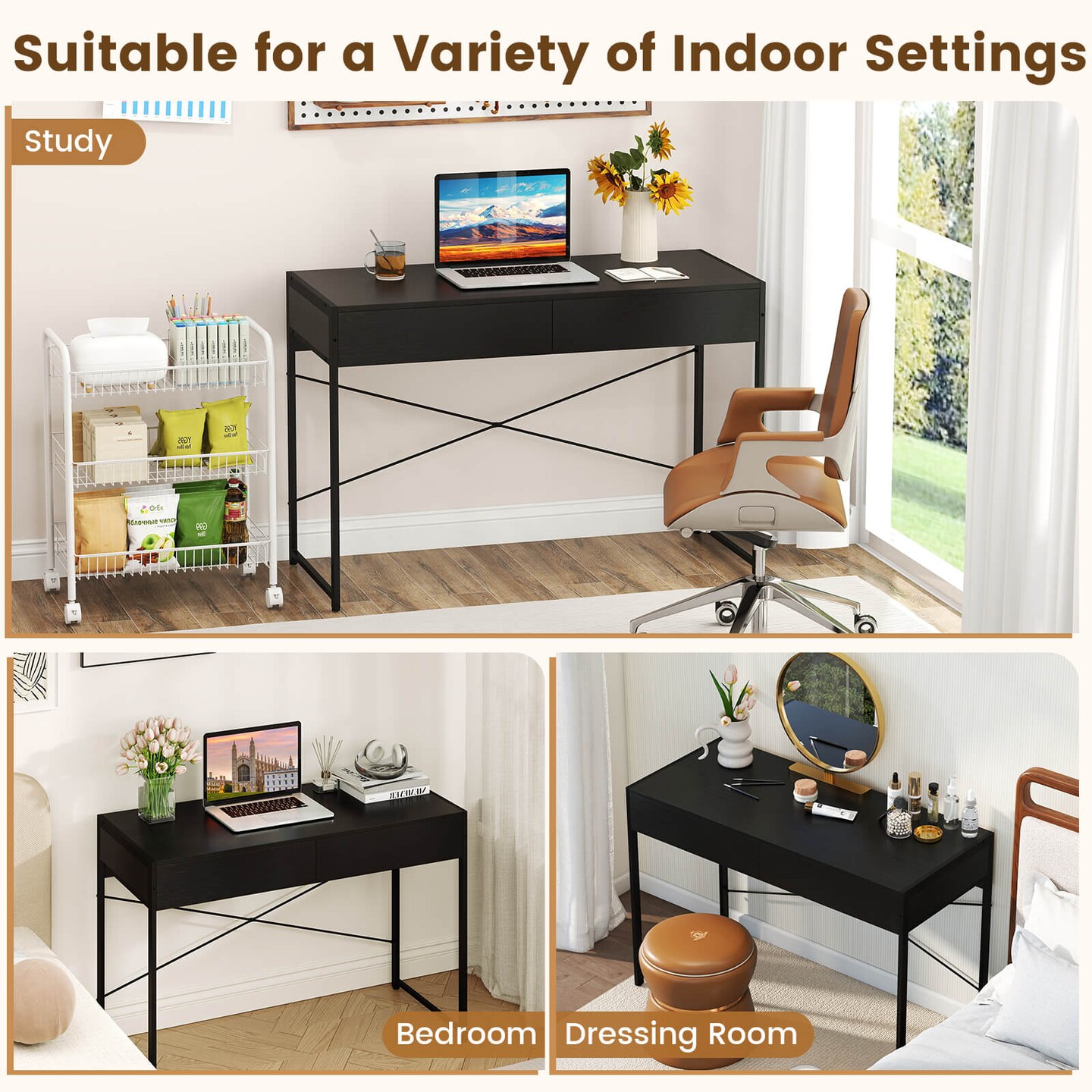 Costway 2-Drawer Computer Desk Study Table Writing Workstation Home Office Brown\Antique\Black