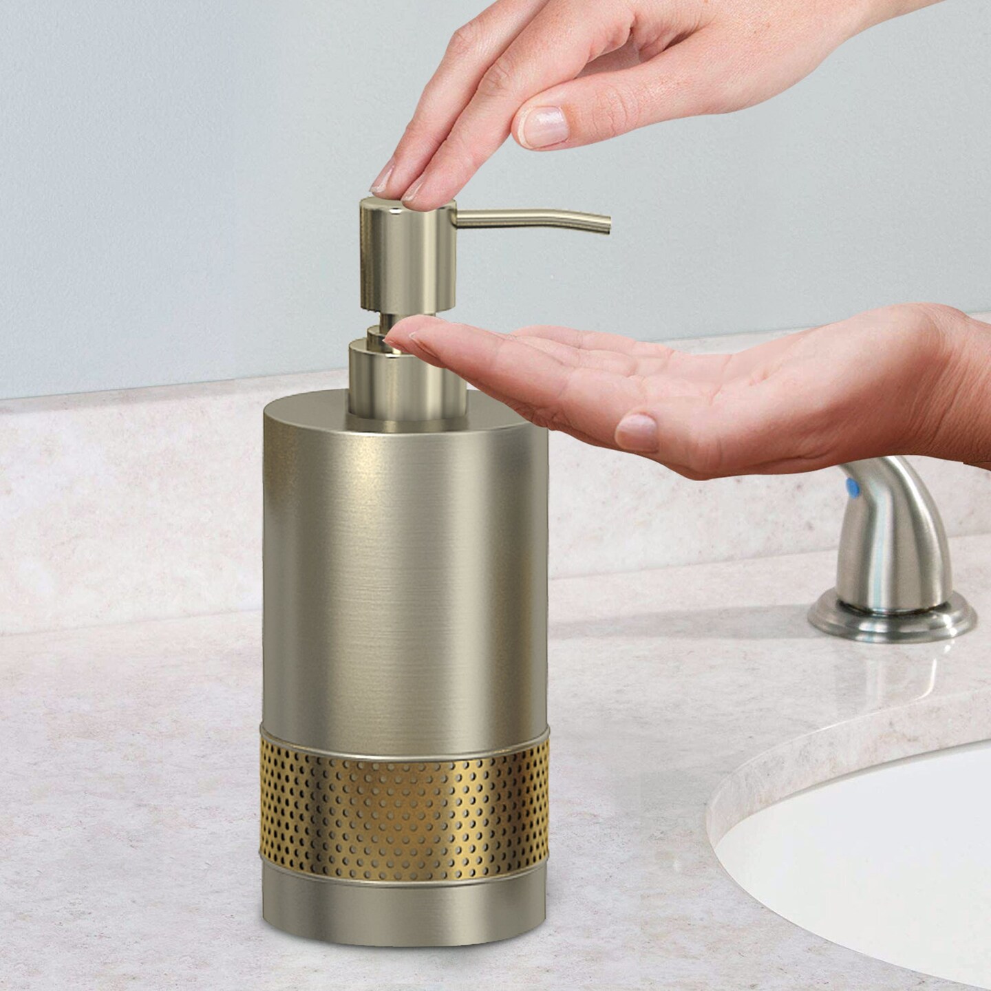 Liquid Soap Dispenser Pump Bottle | Bathroom & Kitchen | Holds Soap, Lotion & Sanitizer | Pewter/Gold