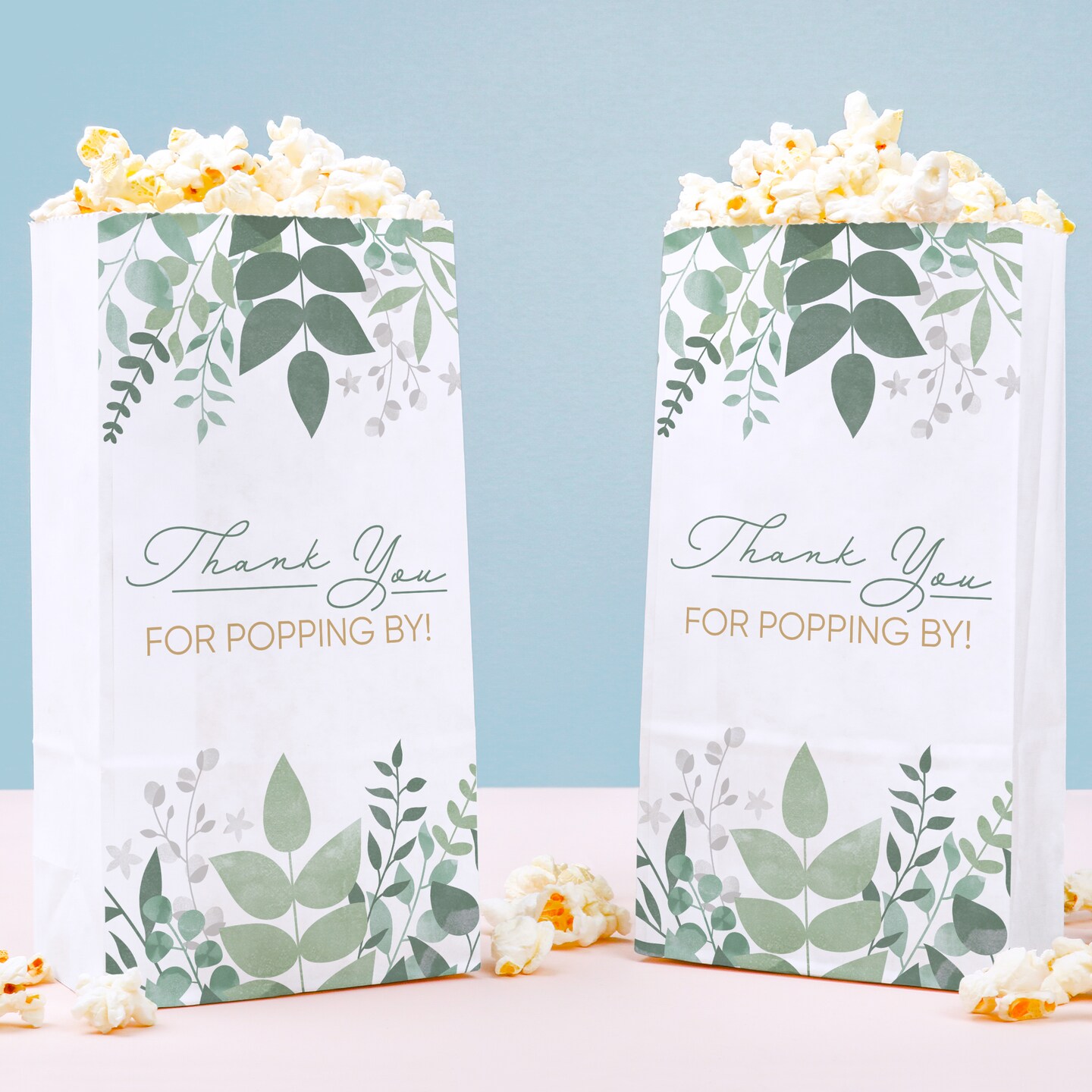 Big Dot of Happiness Boho Botanical Popcorn Bags, Greenery Bridal Shower Favor Snack Treats, Free-Standing Individual White Paper Bags - 25 Count