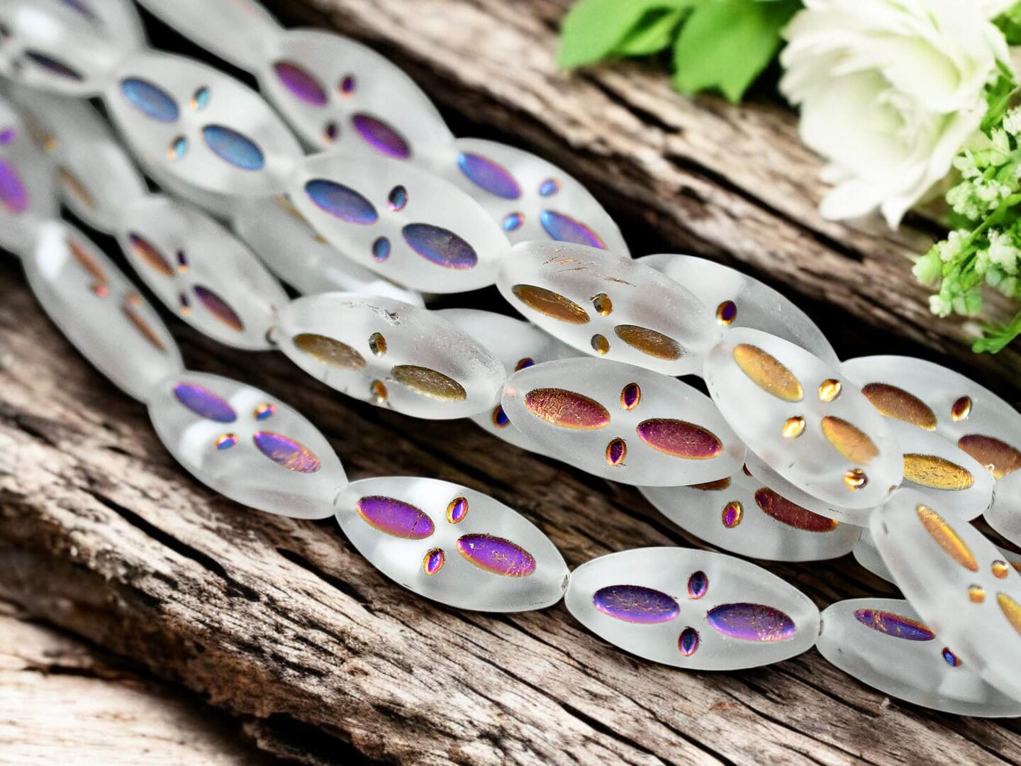 *8* 20x9mm Metallic Volcano Washed Matte White Crystal Cloud Marquise Oval Beads