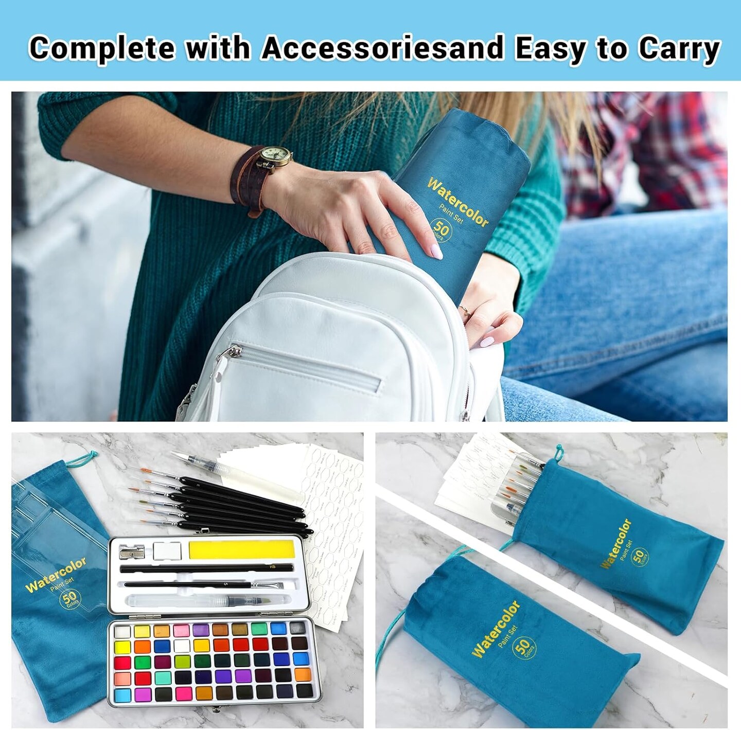 Watercolor Paint Set, 50 Colors in Portable Box Travel Watercolor Set