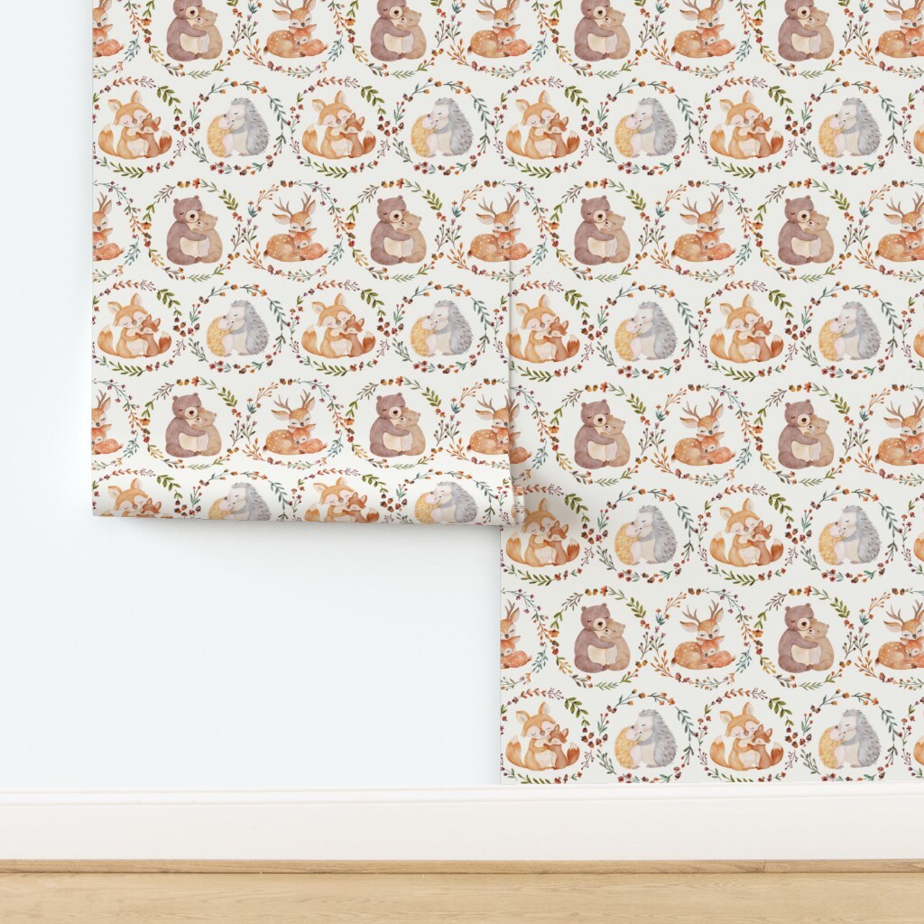 Watercolor Woodland Baby Animals Whimsical Fun Cute Happy Cheerful Neutral Beige Cream Fox Bear Deer Custom Pre-pasted Wallpaper by Spoonflower Pre-Pasted Wallpaper 2FT Wide