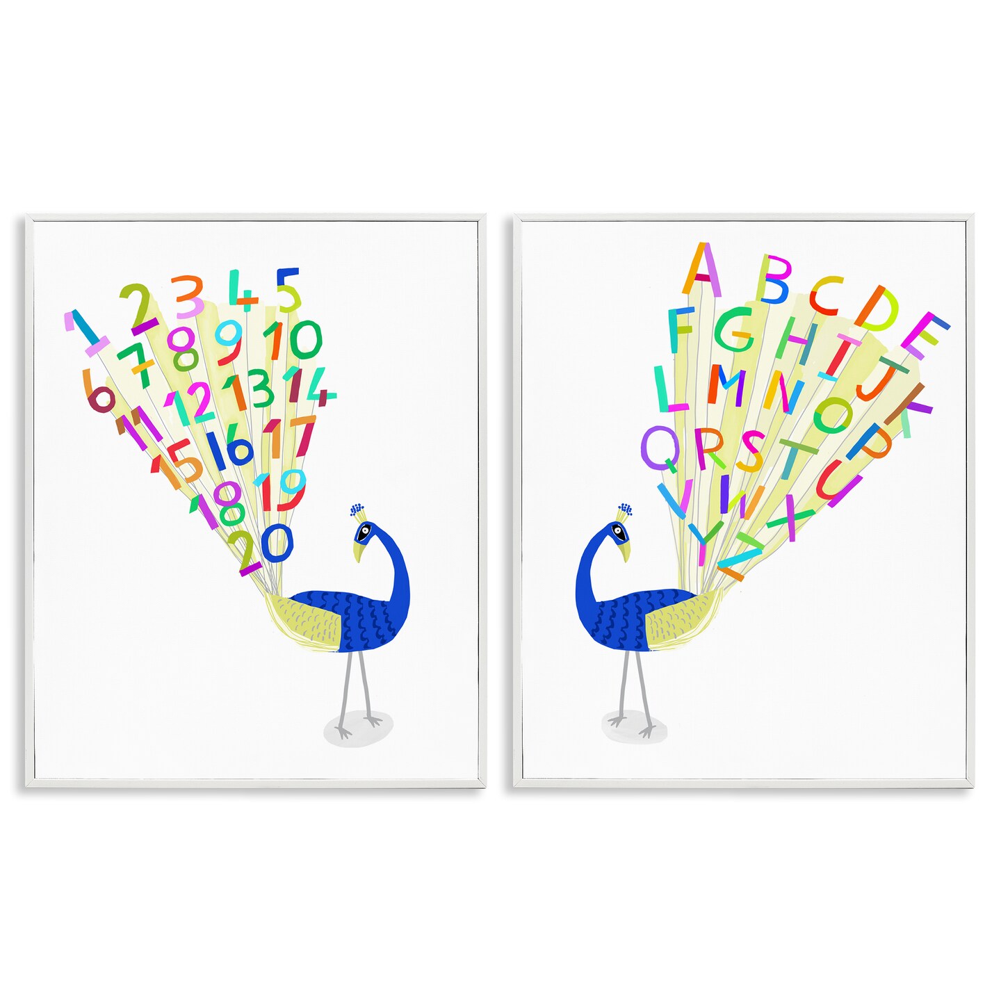 Stupell Industries Peacock Alphabet Numbers 2 pc Framed Giclee Wall Art Set Design by Carla Daly