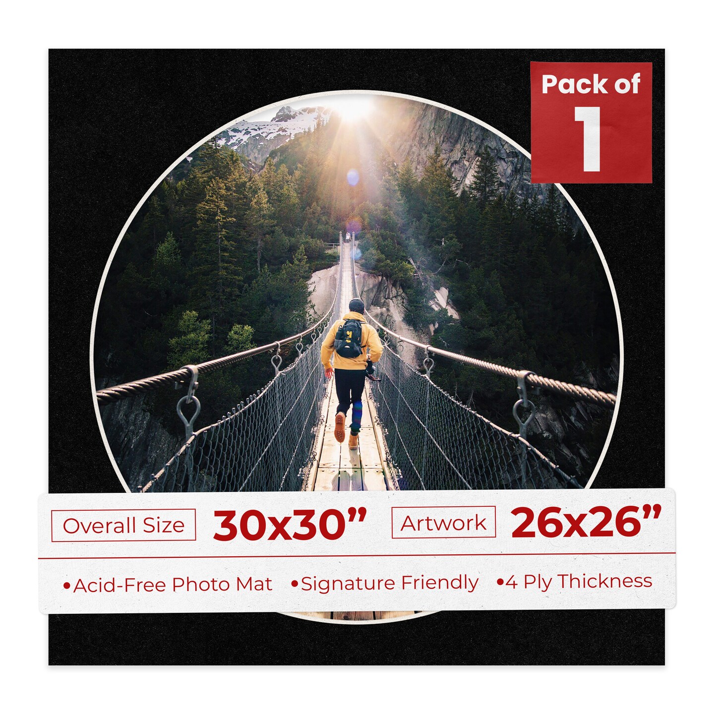 Black with Black Core Mat Board for 30x30 Frames - Circle Opening for 26x26 Photos