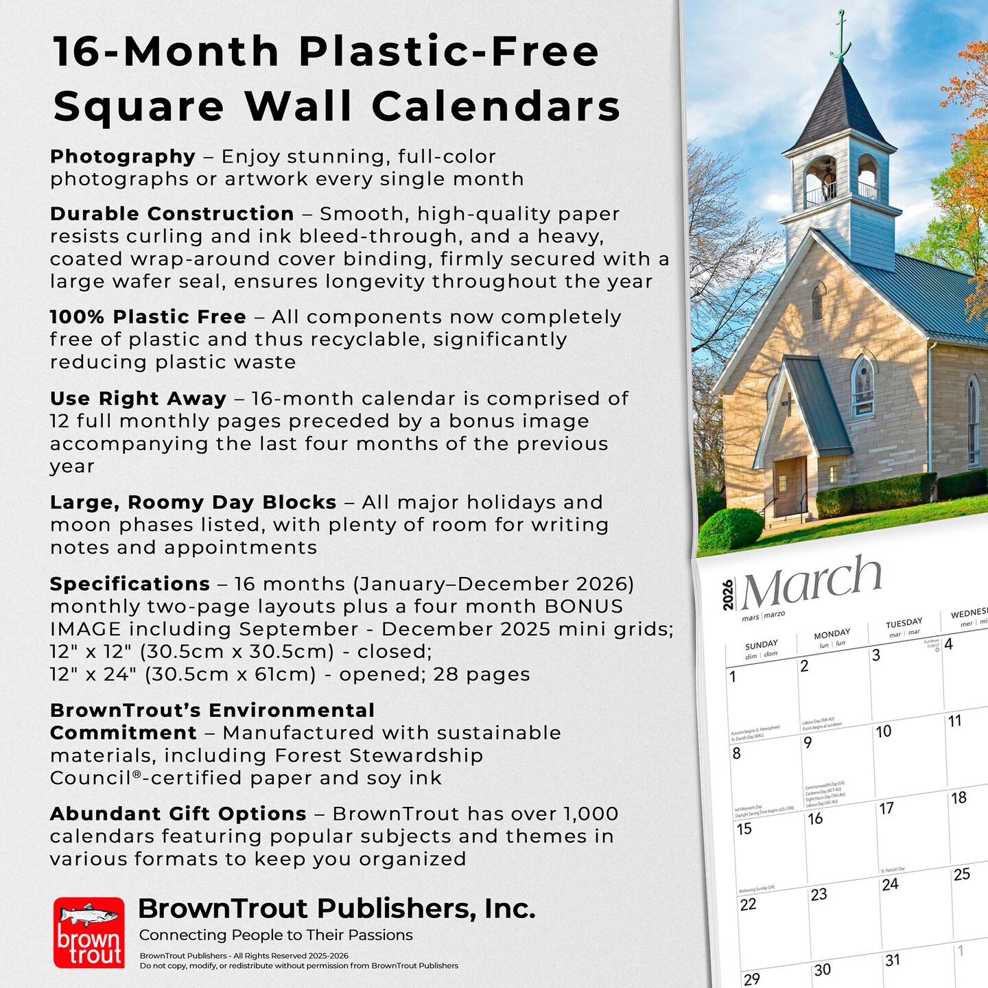 Hoosier State | Indiana Places | 2026 12 x 24 Inch (Hanging) Monthly Square Wall Calendar | Plastic-Free