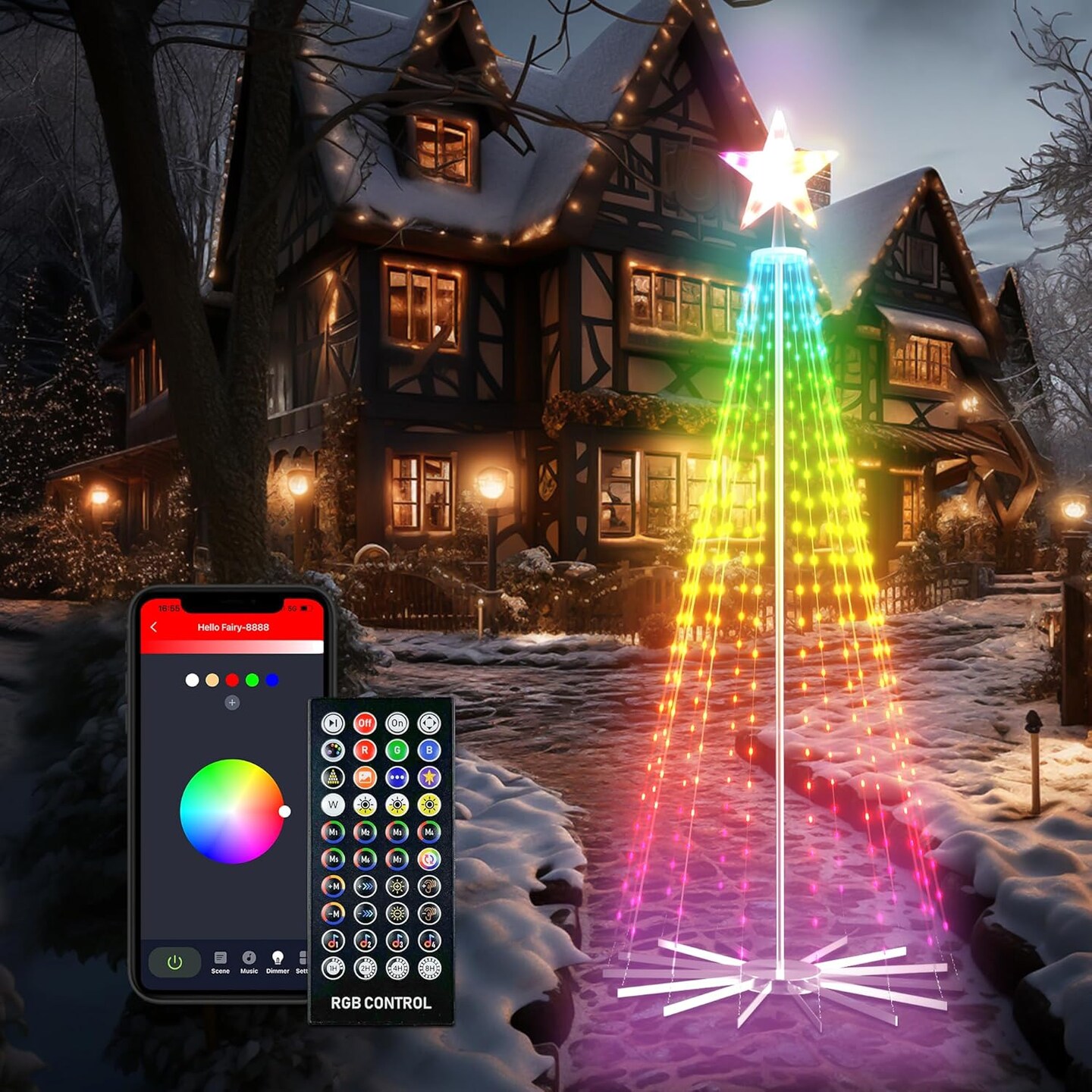 8Ft Lighted Christmas Tree, 340 RGB LEDs, DIY 16 Mil Colors Changing, Prelit Cone Tree, Music Sync, App &#x26; Remote Control, Outdoor Decoration for Bars, Patio, Beach, Pool, Cruise Party