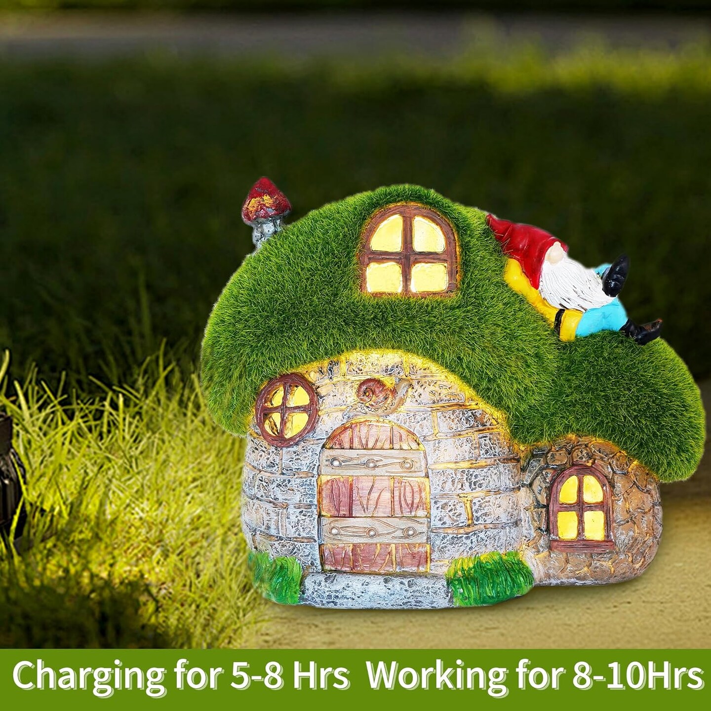 House Garden Statues with Solar Lights, LED Cute Flocked Fairy House with Gnomes Garden Figurine, Outdoor Patio Yard Lawn Decorations Gift