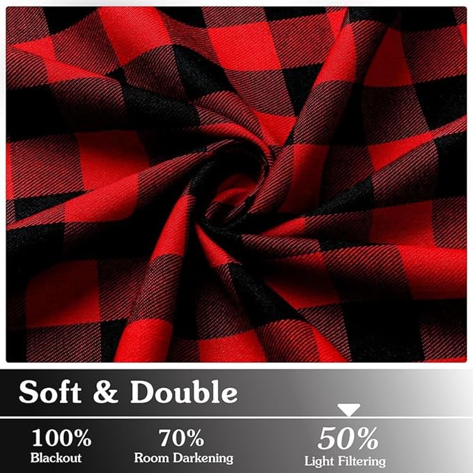 Red Buffalo Plaid Curtains Christmas Decor 42 x 84 Inch Length 2 Panels, Gingham Farmhouse Rod Pocket Room Darkening Checkered Window Curtain Drapes for Living Room, Red and Black