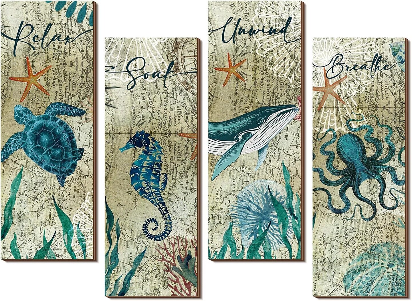 4 Pieces Summer Beach Bathroom Decor Wall Sign Ocean Decor Sea Turtle Wall Art