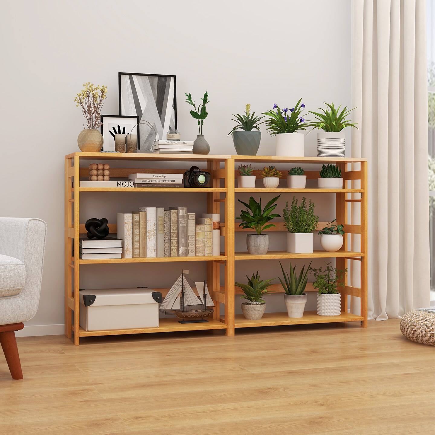 4-Tier Bookshelf Rubber Wood Bookcase with Side Fences for Living Room